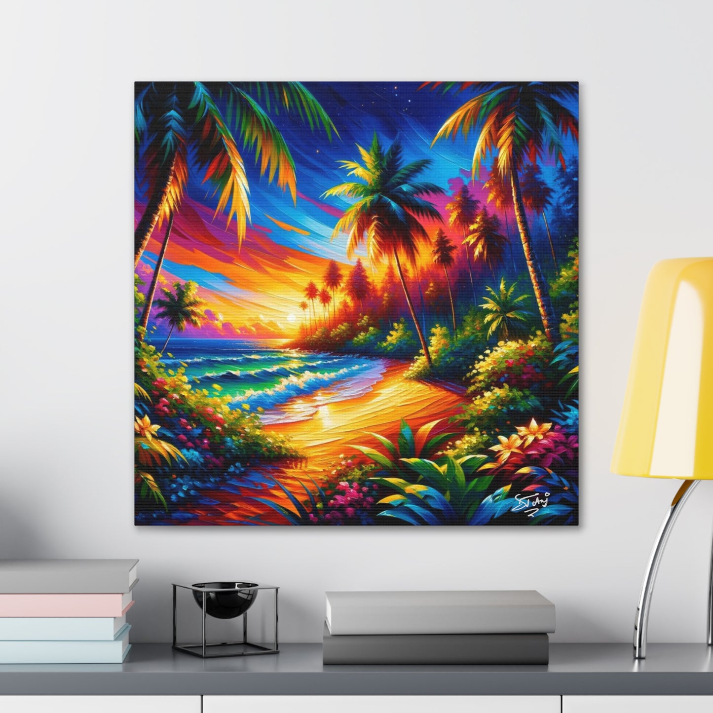 Art Print of Caribbean Beach Sunset Scene, Semi-Abstract Oil Painting, West Indian Art, Canvas Gallery Wraps