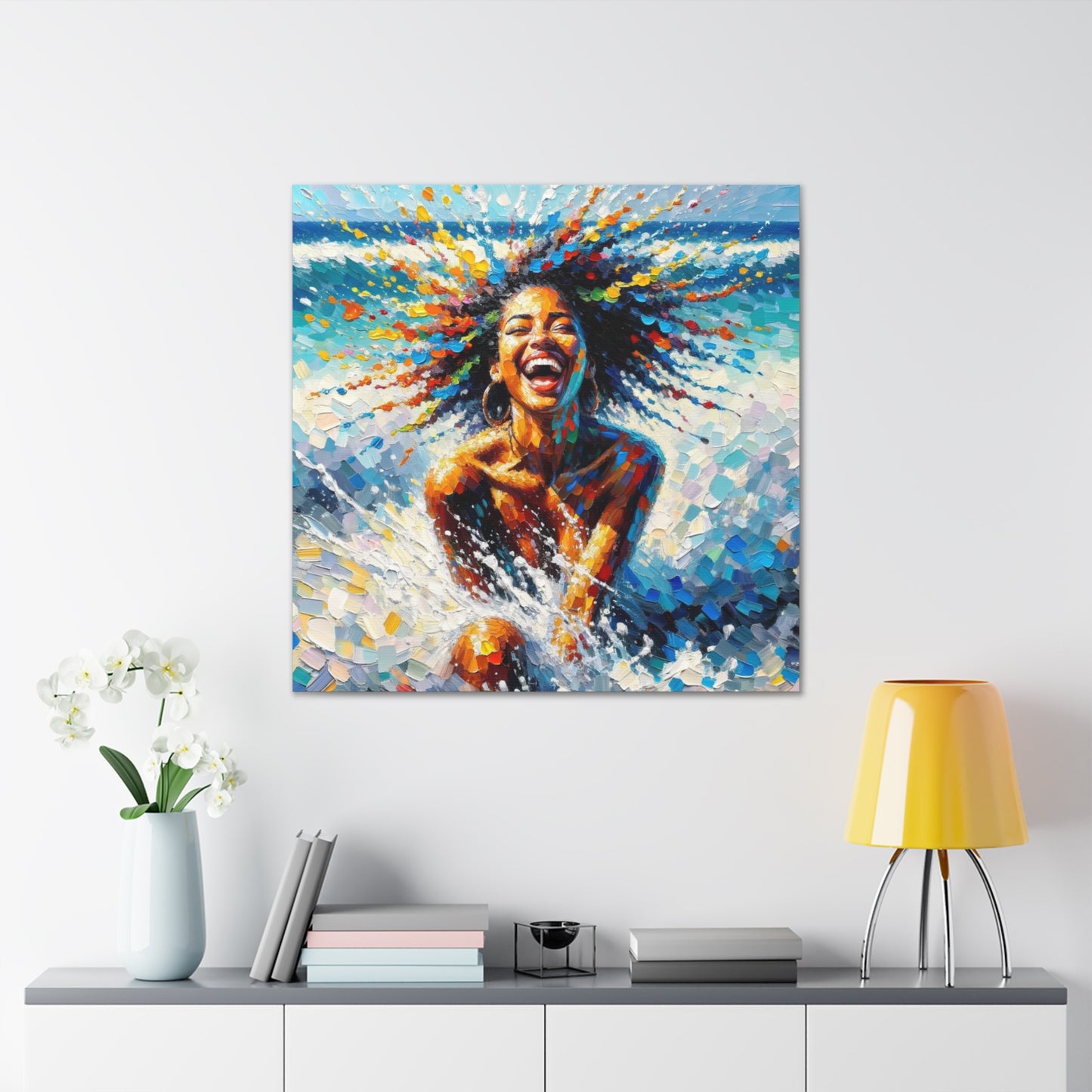 Art Print#3 of Dougla Woman's Exhilaration Captured - Joy, Laughter, Color, Caribbean Sea, Oil Finish, West Indian Art, Canvas Gallery Wraps