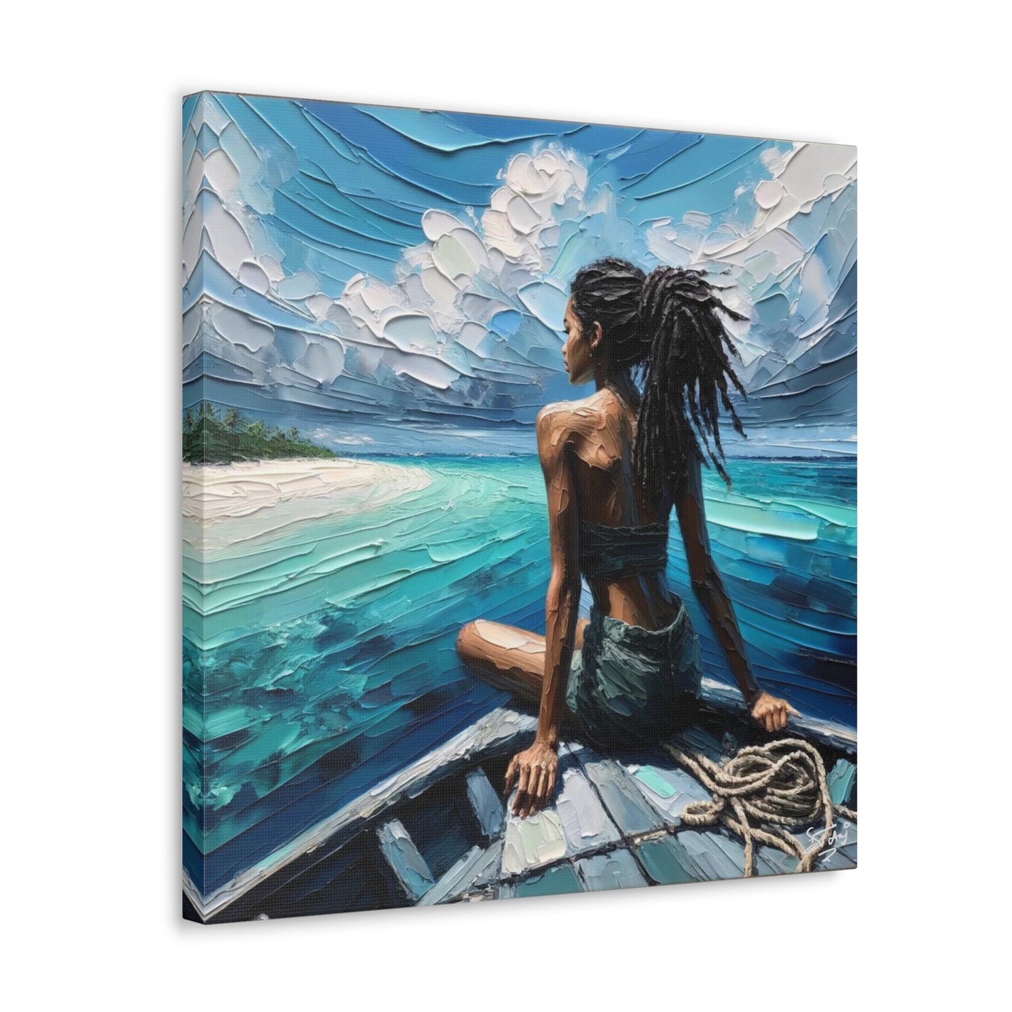 Art Print, Dougla Woman "Chilling in the Boat" Oil Finish, West Indian Ethnicity, Cultural, Heritage, Semi-Abstract, Canvas Gallery Wrap