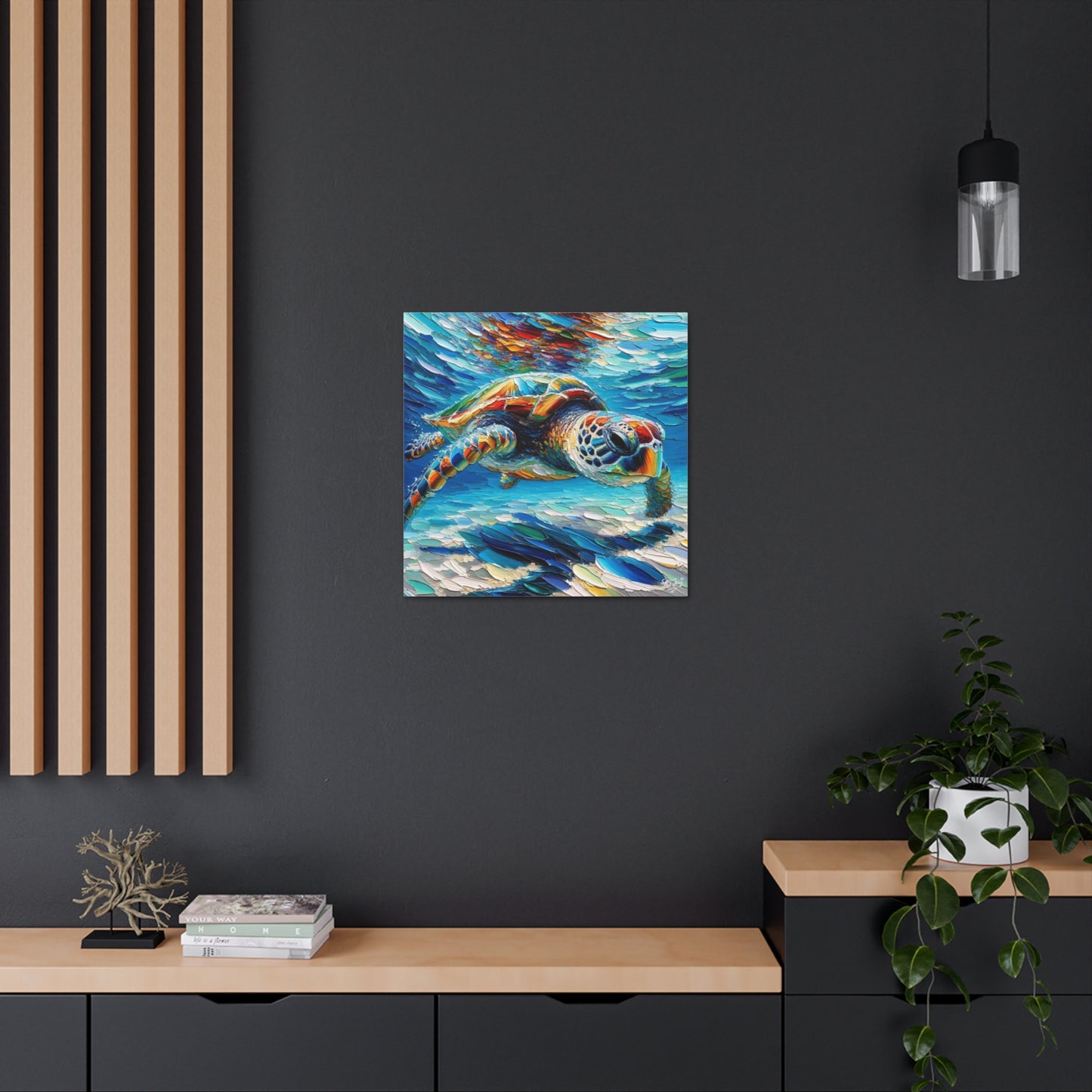 Art Print, Turtle in Reef, Oil Finish, Caribbean Nature, Cultural, Heritage, Semi-Abstract, Canvas Gallery Wrap