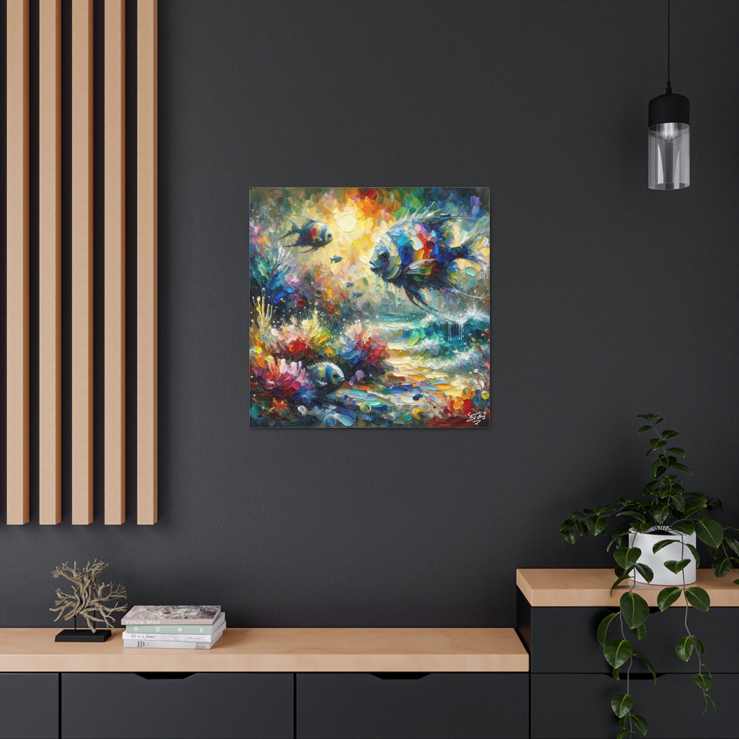 Art Print, Fishes in Coral Reef (2), Oil Finish, Caribbean Nature, Semi-Abstract, Canvas Gallery Wrap