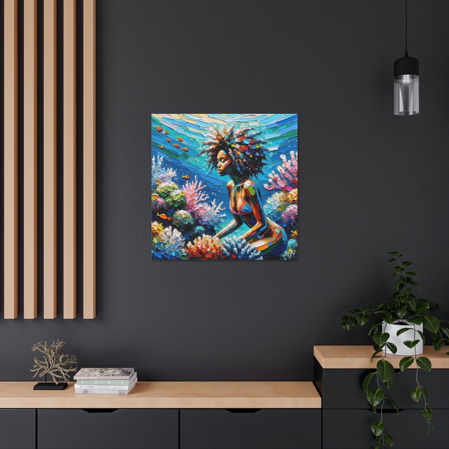 Art Print, Black Woman with Fishes in Coral Reef, Oil Finish, Caribbean Nature, Semi-Abstract, Canvas Gallery Wrap