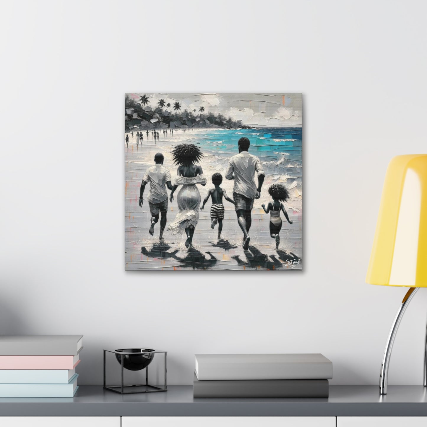 Art Print, Afro-Caribbean Family on the Beach, Oil Finish, West Indian Ethnicity, Cultural, Heritage, Semi-Abstract, Canvas Gallery Wrap