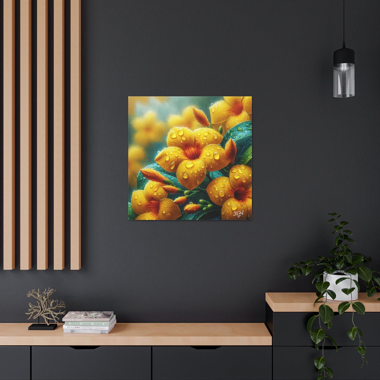 Print of Yellow Allamanda Flowers in the Rain, Oil Paint Finish, Caribbean, Tropical, Canvas Gallery Wraps