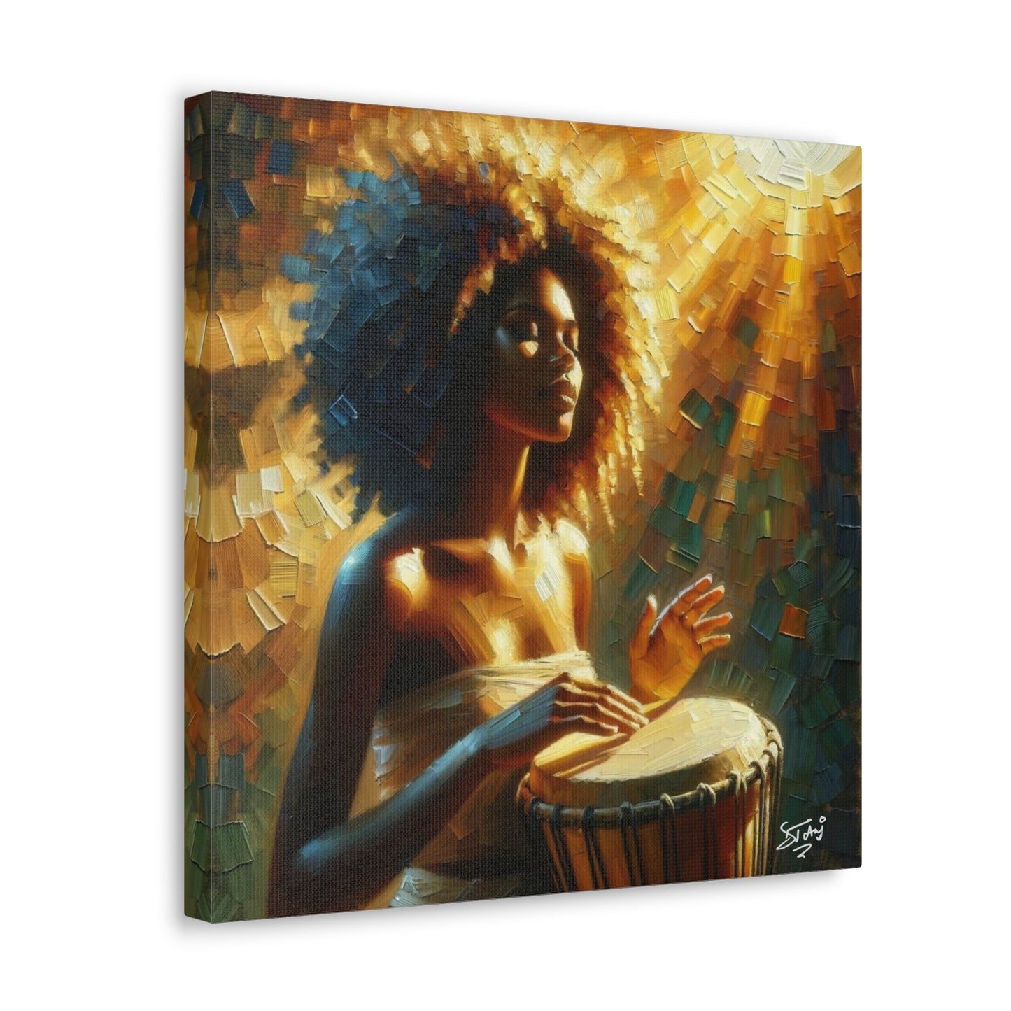 Art Print, Afro-Caribbean Woman, "Drumming" Oil Finish, West Indian Ethnicity, Cultural, Heritage, Abstract, Canvas Gallery Wrap