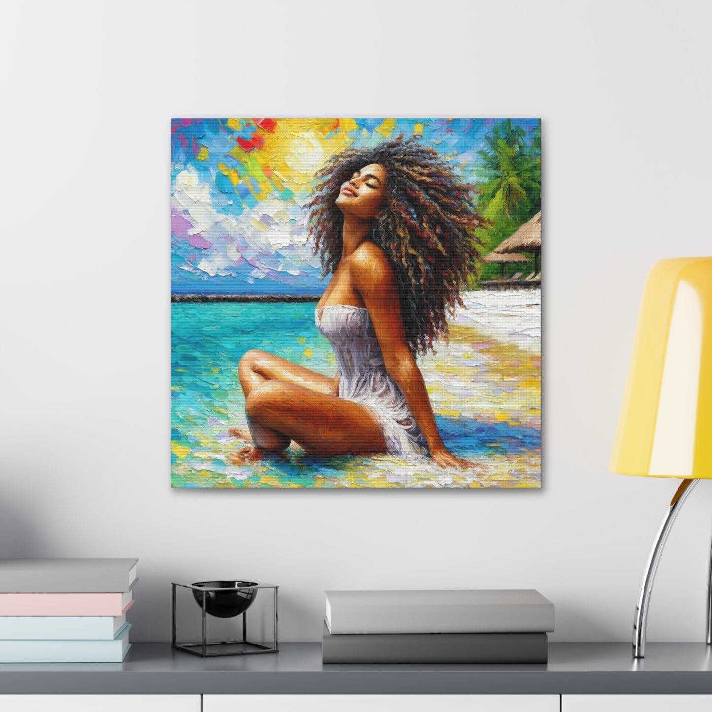 Art Print, Indo-Caribbean Woman, "Chilling on the Beach" Oil Finish, West Indian Ethnicity, Cultural, Heritage, Abstract, Canvas Gallery Wrap