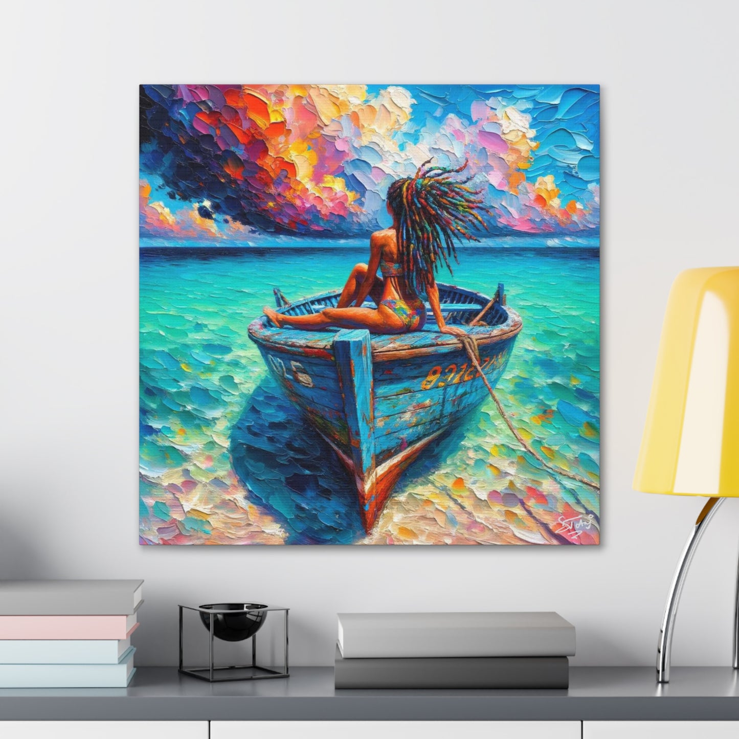 Art Print, Afro-Caribbean Woman "Chilling in the Boat (2)" Oil Finish, West Indian Ethnicity, Cultural, Heritage, Semi-Abstract, Canvas Gallery Wrap