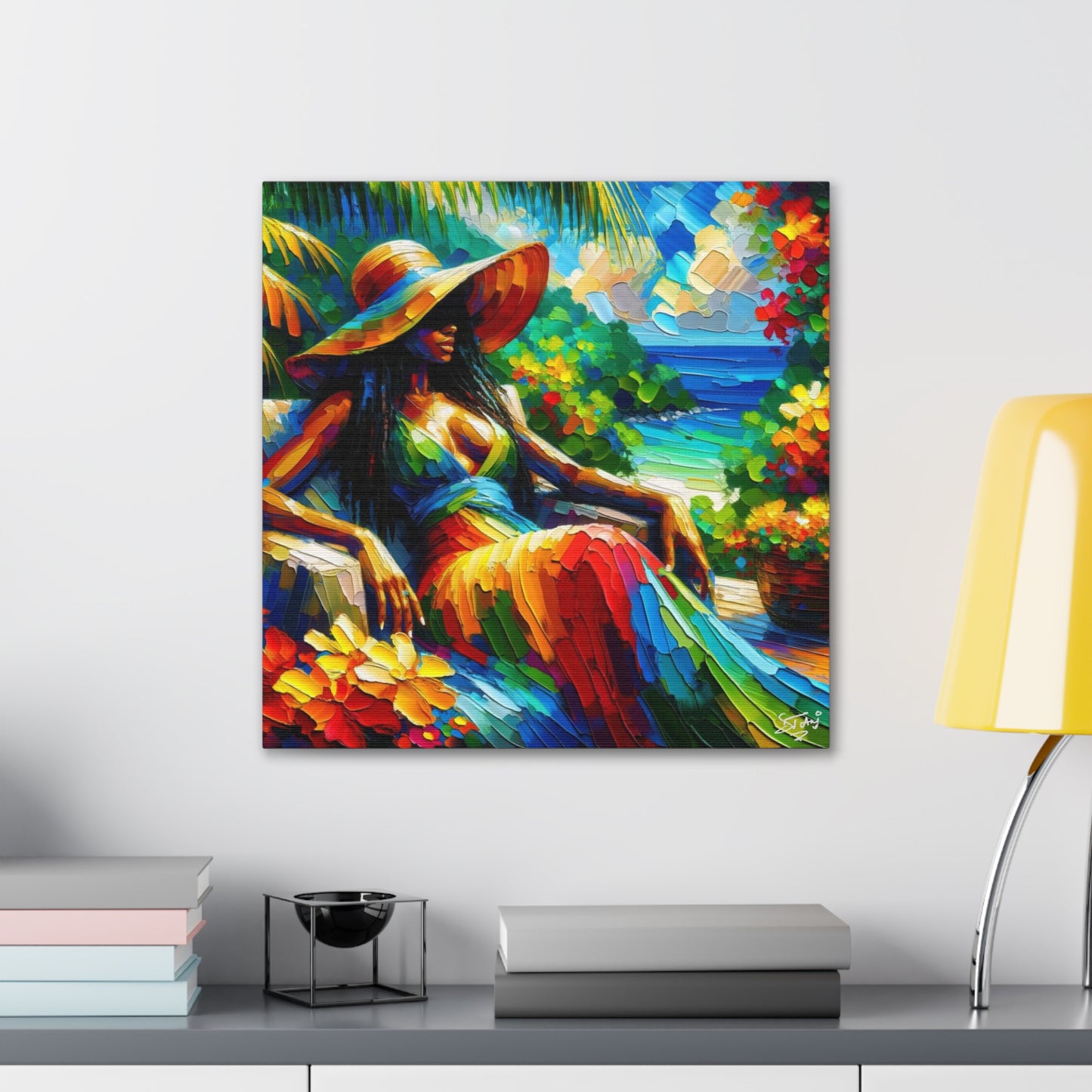 Art Print, Afro-Caribbean Woman, "Relaxing" Oil Finish, West Indian Ethnicity, Cultural, Heritage, Abstract, Canvas Gallery Wrap