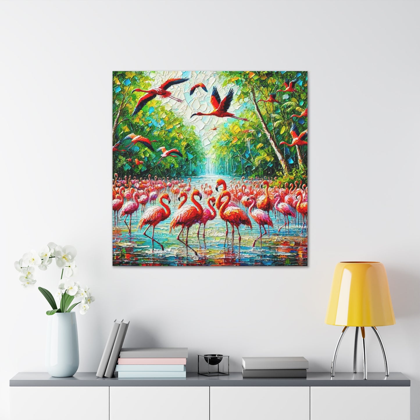 Art Print, Scarlet Ibises & Flamingos in Their Natural Mangrove Habitat in Trinidad and Tobago, Caribbean, West Indian Art, Canvas Gallery Wraps