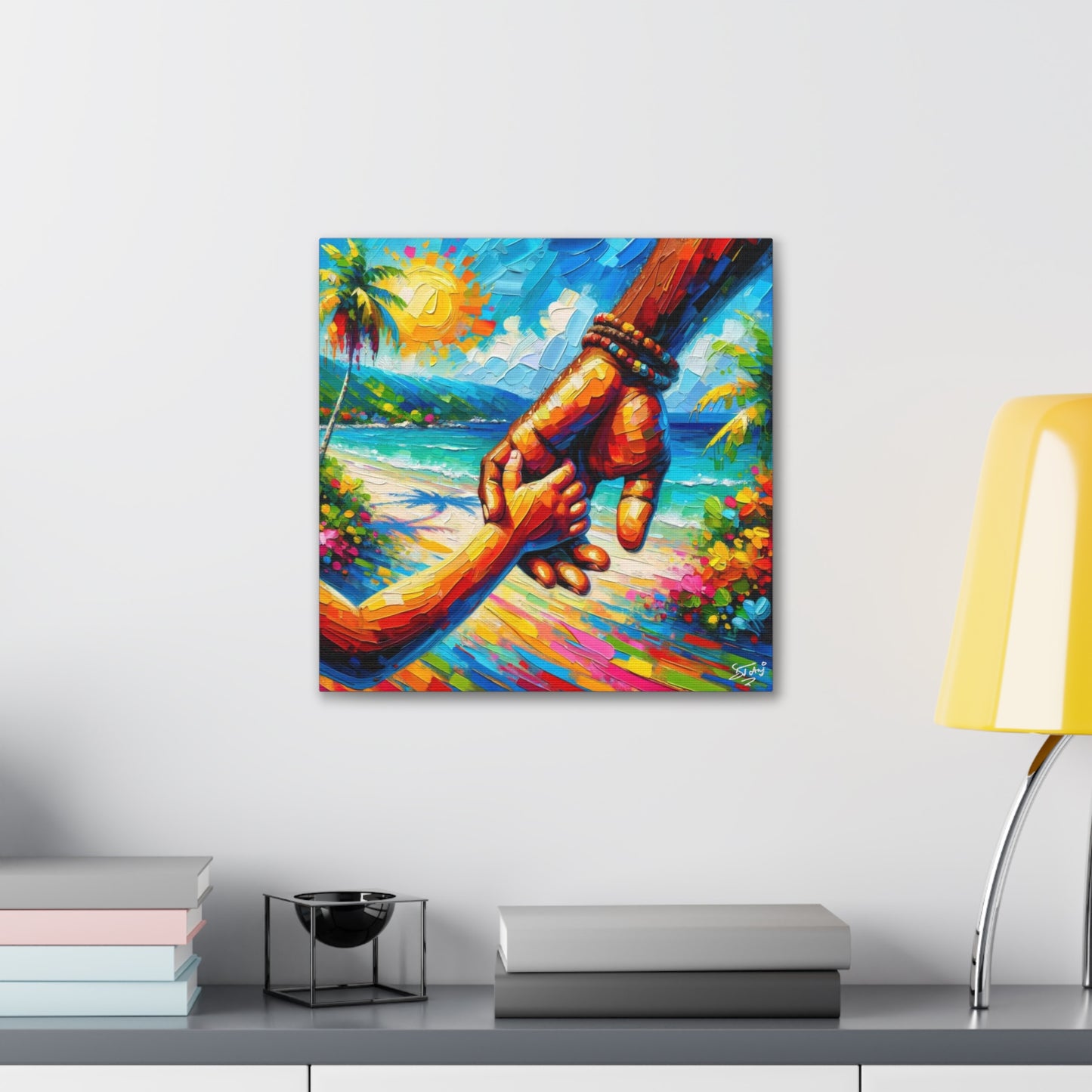 Art Print, Afro-Caribbean Father & Daughter, Oil Finish, West Indian Ethnicity, Cultural, Heritage, Semi-Abstract, Canvas Gallery Wrap