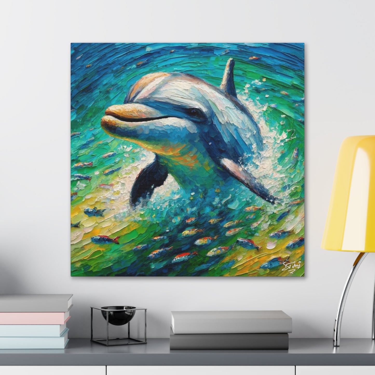 Art Print, Dolphin in the Caribbean Sea, Oil Finish, Caribbean Nature, Canvas Gallery Wrap