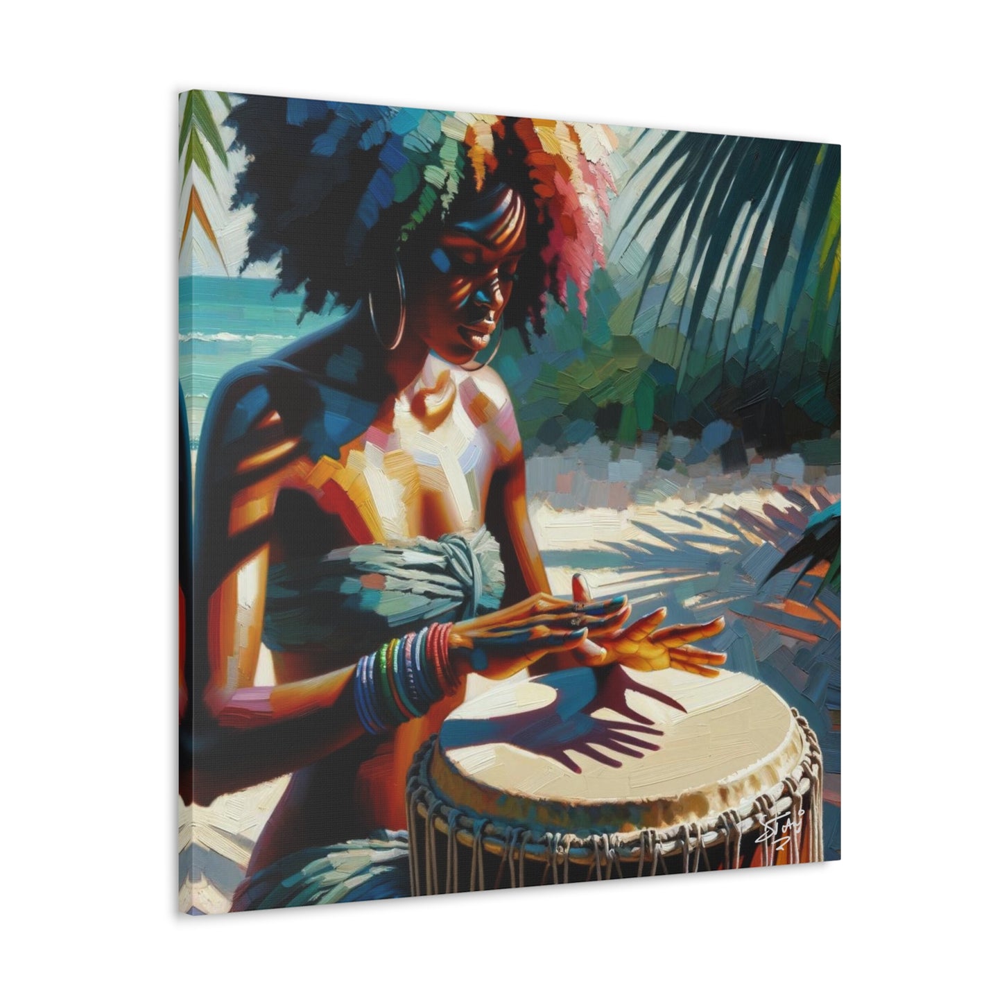 Art Print, Afro-Caribbean Woman, "Drumming" Oil Finish, West Indian Ethnicity, Cultural, Heritage, Abstract, Canvas Gallery Wrap