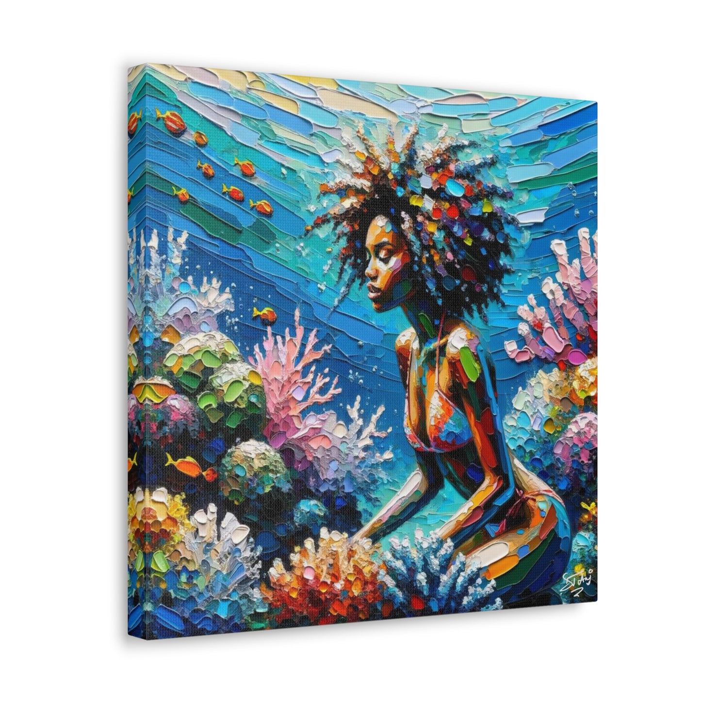 Art Print, Black Woman with Fishes in Coral Reef, Oil Finish, Caribbean Nature, Semi-Abstract, Canvas Gallery Wrap