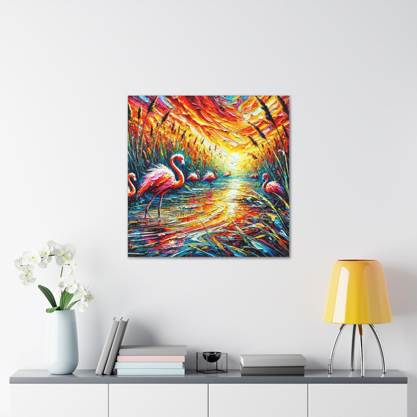 Art Print, Flamingos, Abstract Oil Finish, Trinidad & Tobago, Caribbean, West Indian Art, Canvas Gallery Wraps