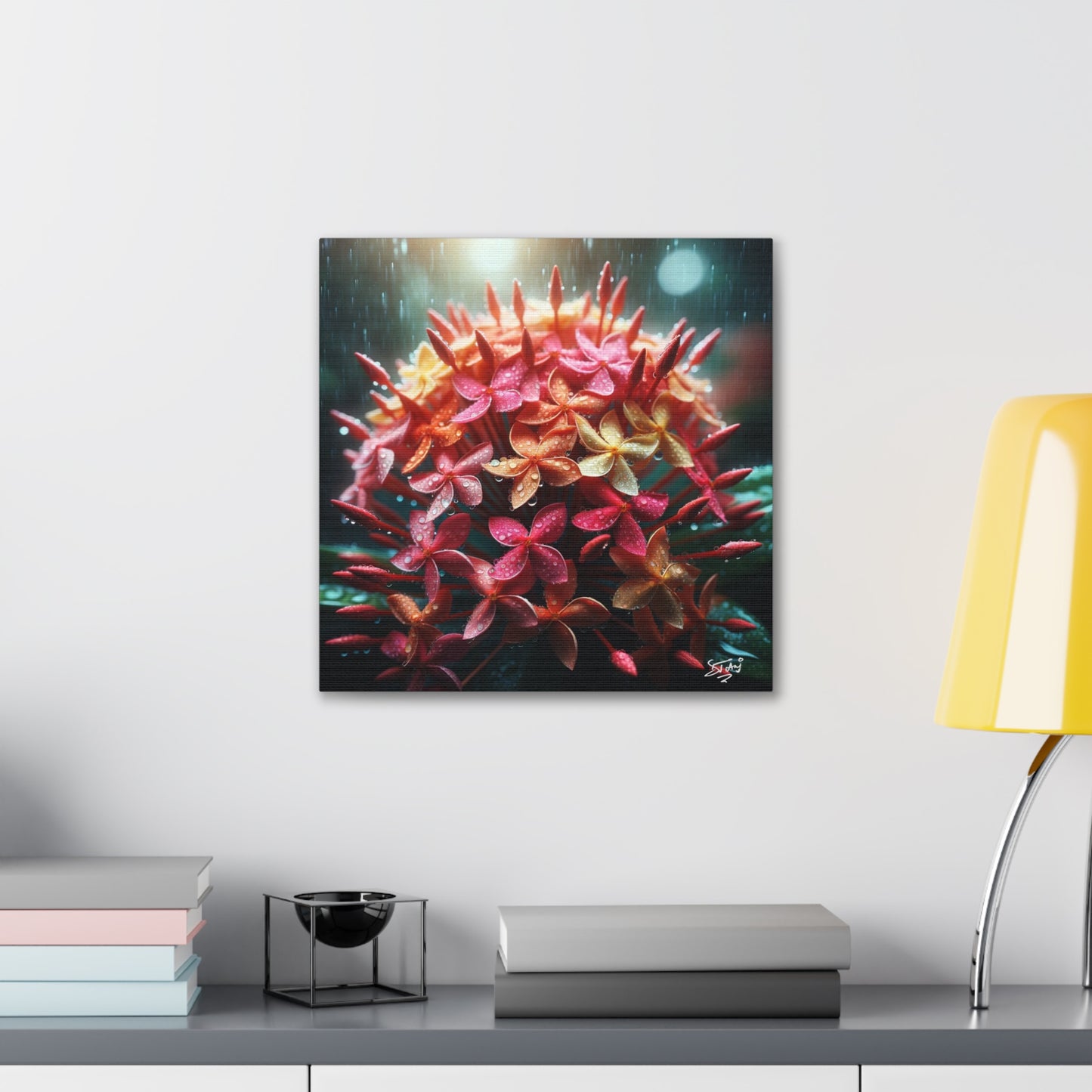 Print of Ixora Flower in The Rain, Caribbean, Vibrant and Vivid Colors of Ixora flowers, Trinidad and Tobago, Canvas Gallery Wraps