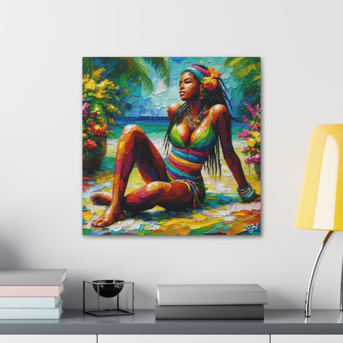 Art Print, Caribbean Woman, "Relaxing" Oil Finish, West Indian Ethnicity, Cultural, Heritage, Abstract, Canvas Gallery Wrap