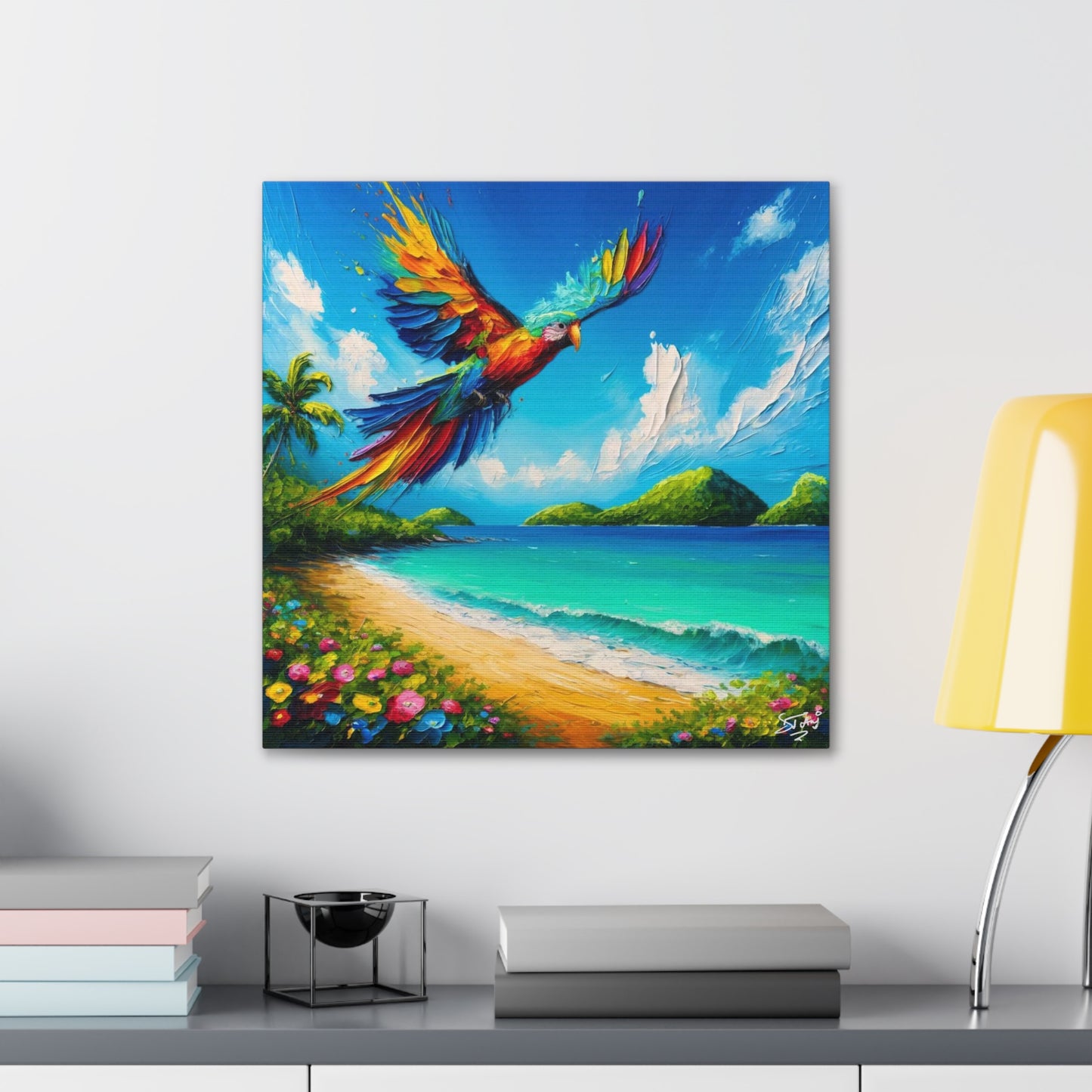 Art Print, "Bird Enjoying View," Oil Finish, Caribbean Nature, Cultural, Heritage, Semi-Abstract, Canvas Gallery Wrap