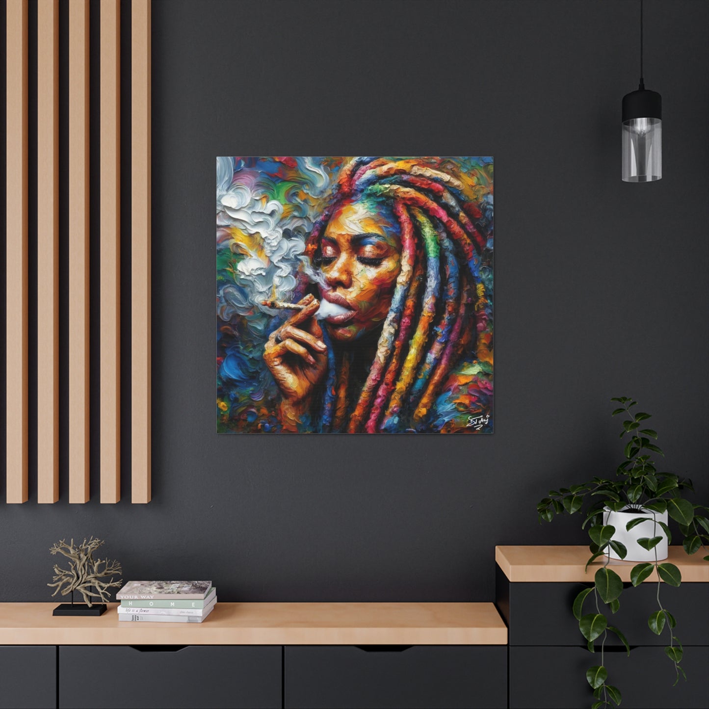 Art Print of Rasta-Woman Smoking, Oil Finish, West Indian Ethnicity, Cultural, Heritage, Afro-Caribbean Man, Semi-Abstract, Canvas Gallery Wrap