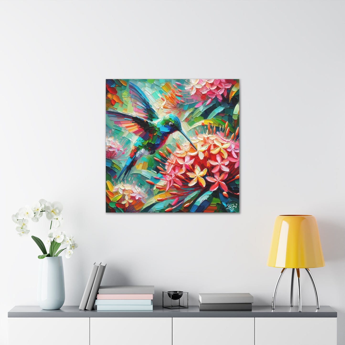 Art Print, Hummingbird, Oil Finish, Caribbean Nature, Cultural, Heritage, Semi-Abstract, Canvas Gallery Wrap