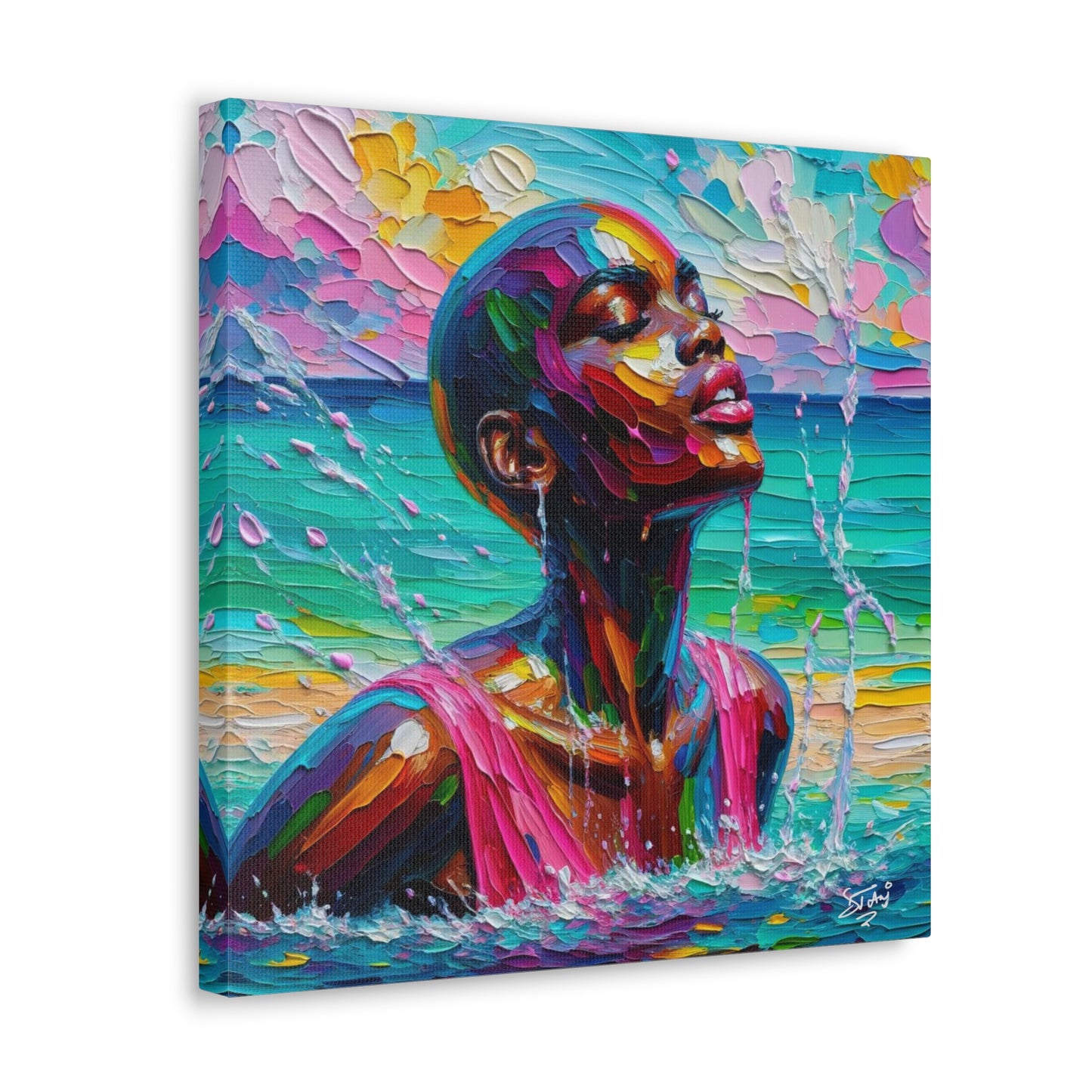 Art Print, Afro-Caribbean Woman, "Sea Bath" Abstract, Oil Finish, West Indian Ethnicity, Cultural, Heritage, Abstract, Canvas Gallery Wrap