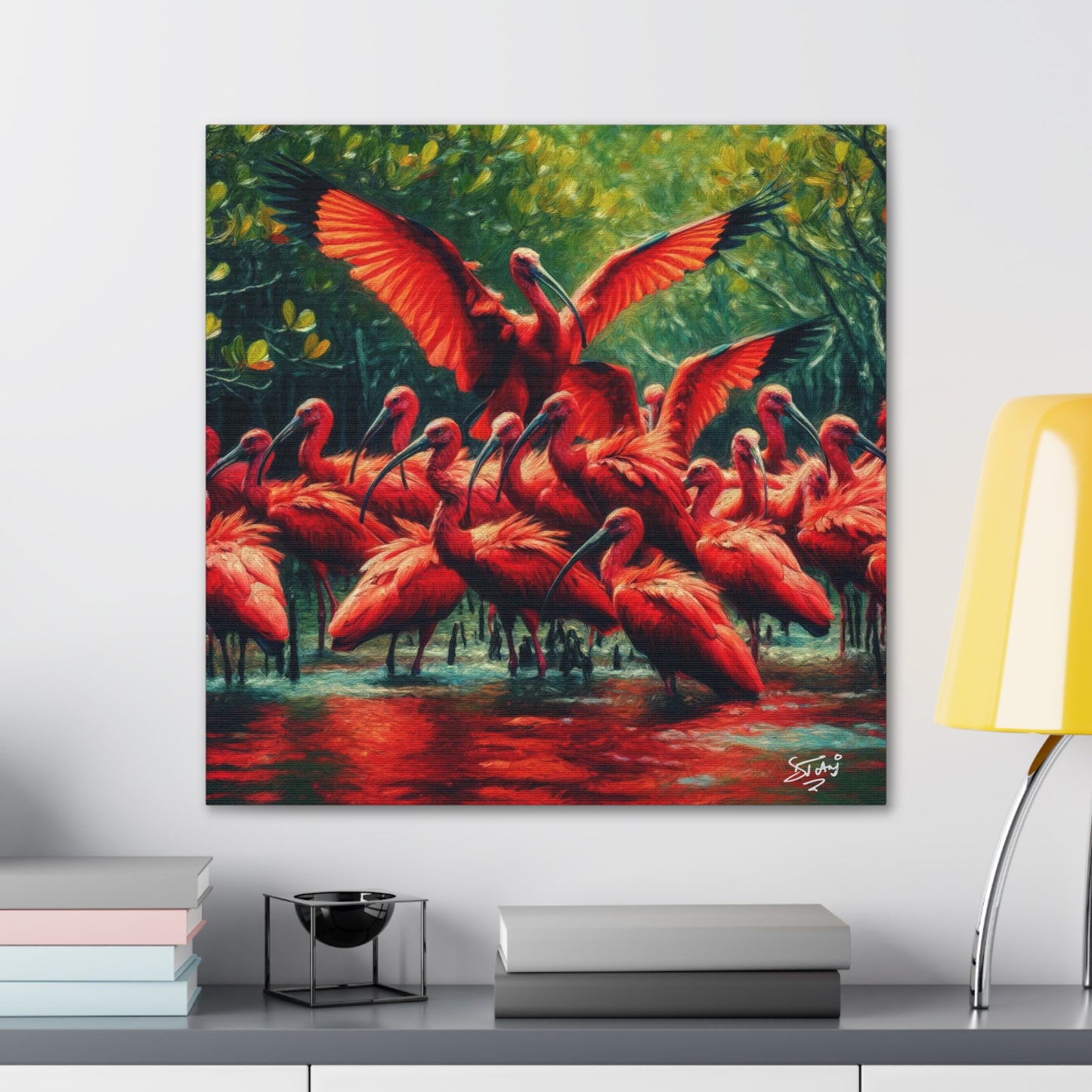 Art Print#3, Scarlet Ibises in Their Natural Mangrove Habitat in Trinidad and Tobago, Caribbean, West Indian Art, Canvas Gallery Wraps