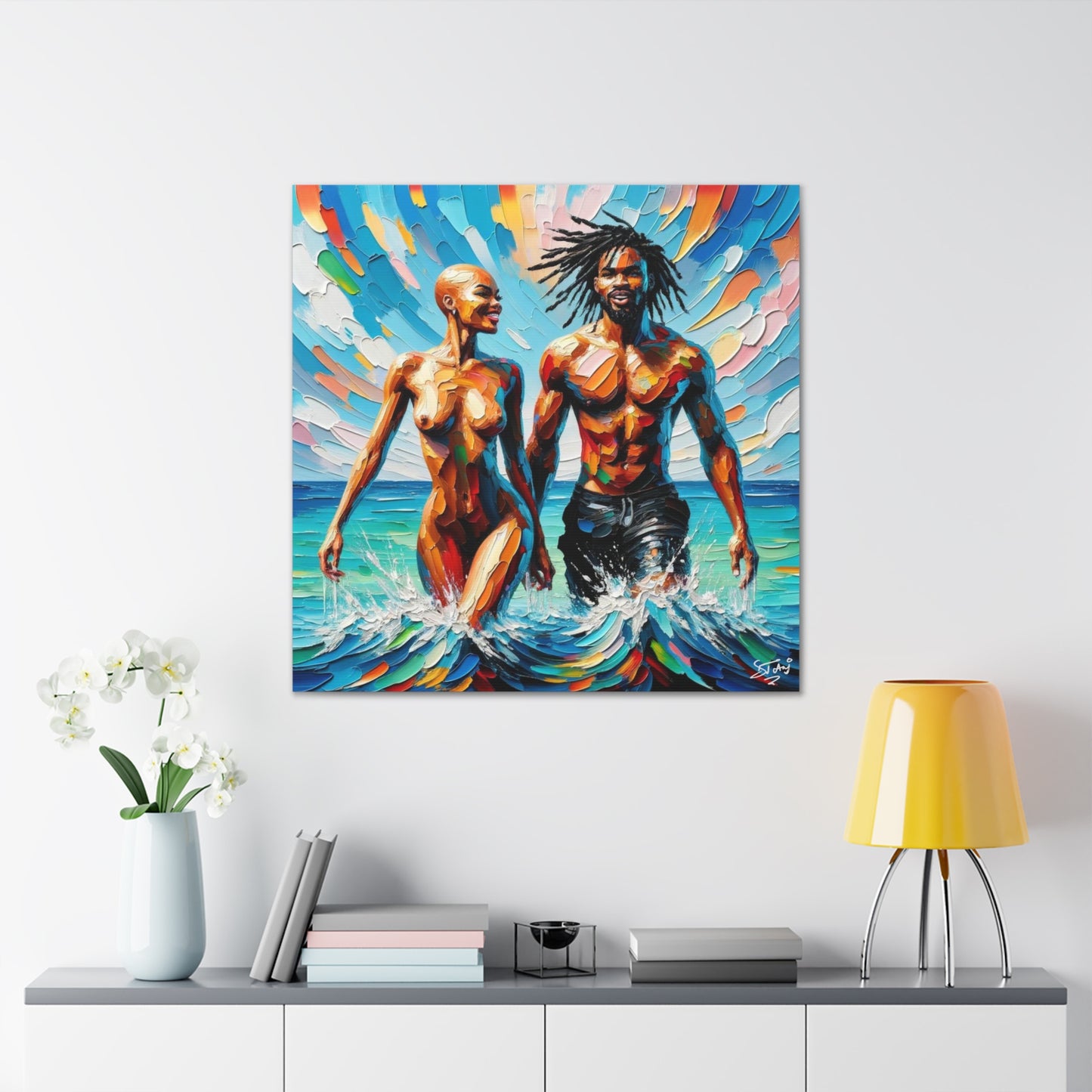 Art Print, Afro-Caribbean Couple in the Ocean, Oil Finish, West Indian Ethnicity, Cultural, Heritage, Semi-Abstract, Canvas Gallery Wrap