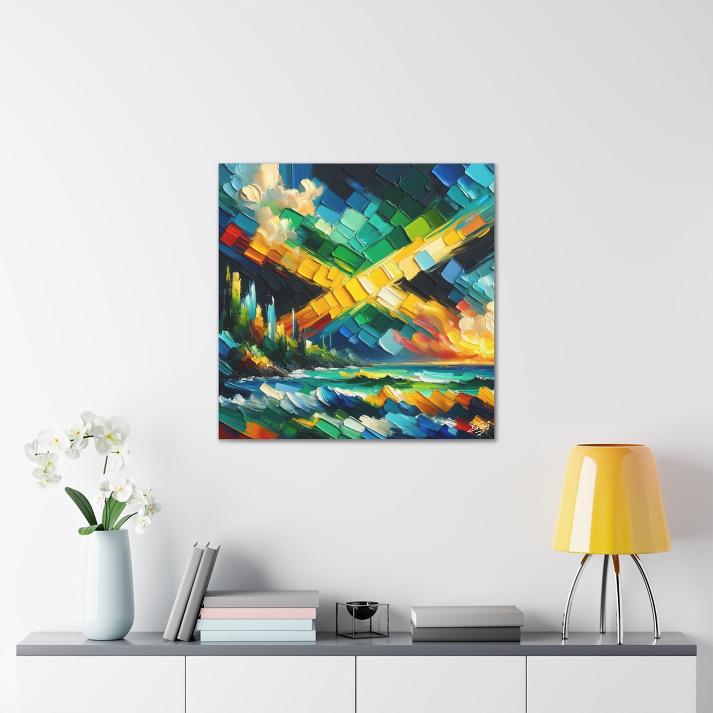 Art Print, Jamaica Abstract Scene, Oil Finish, Unity, One Love, Semi-Abstract, Canvas Gallery Wrap