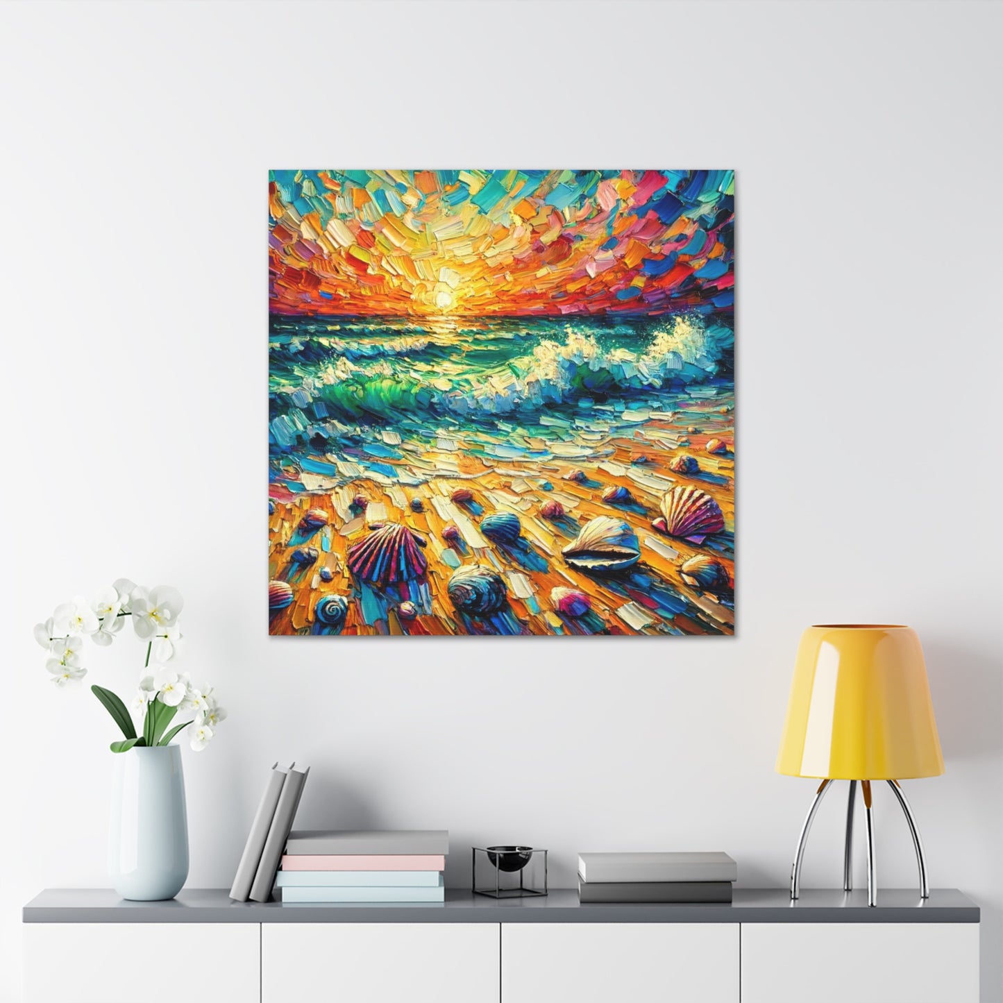 Art Print, Seashells on Caribbean Beach, Sunset, Semi-Abstract, Oil Painting, West Indian Art, Canvas Gallery Wraps