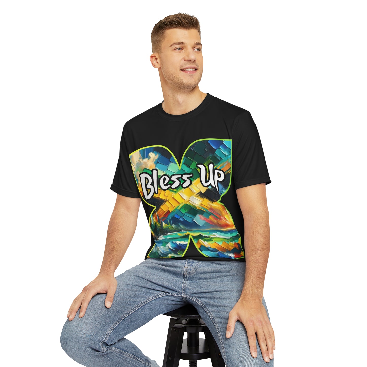 Men's Brushed Polyester Short Sleeve Tee (AOP), "Bless Up"