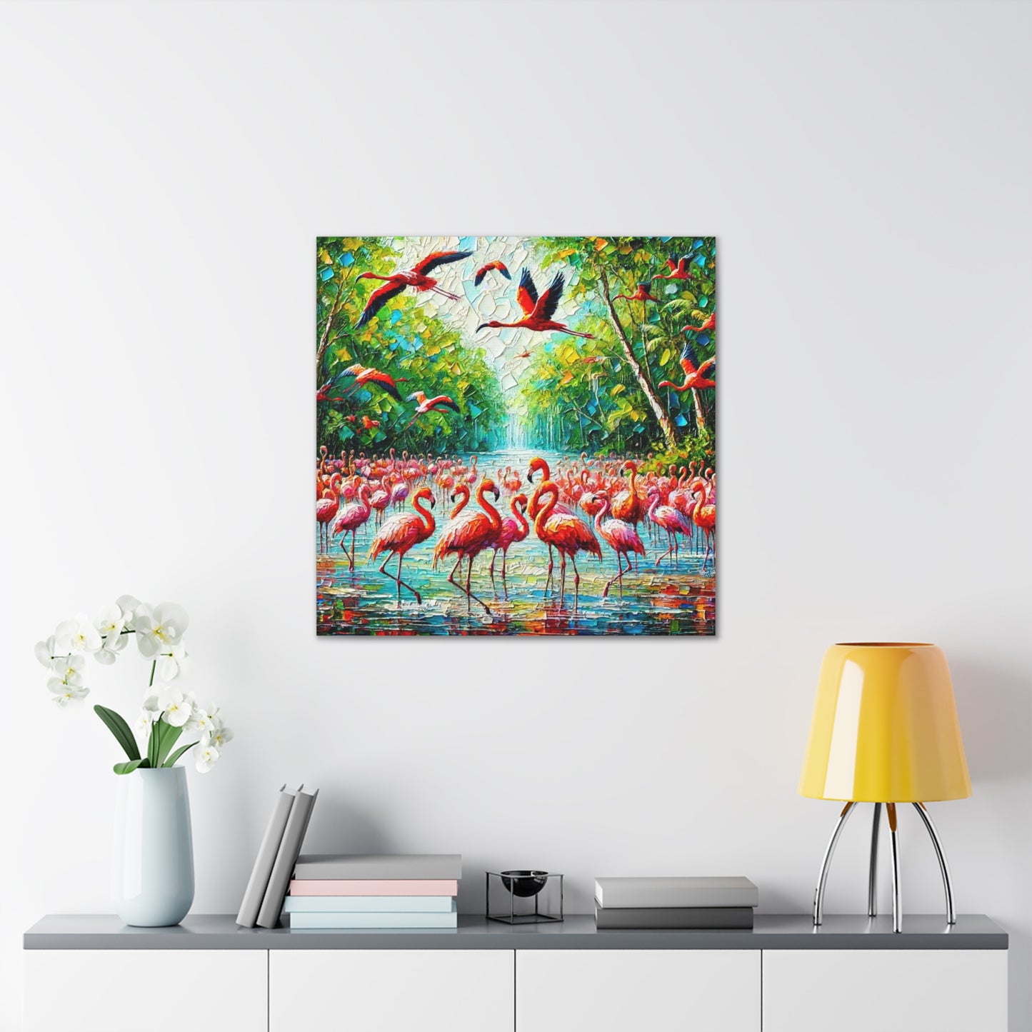 Art Print, Scarlet Ibises & Flamingos in Their Natural Mangrove Habitat in Trinidad and Tobago, Caribbean, West Indian Art, Canvas Gallery Wraps