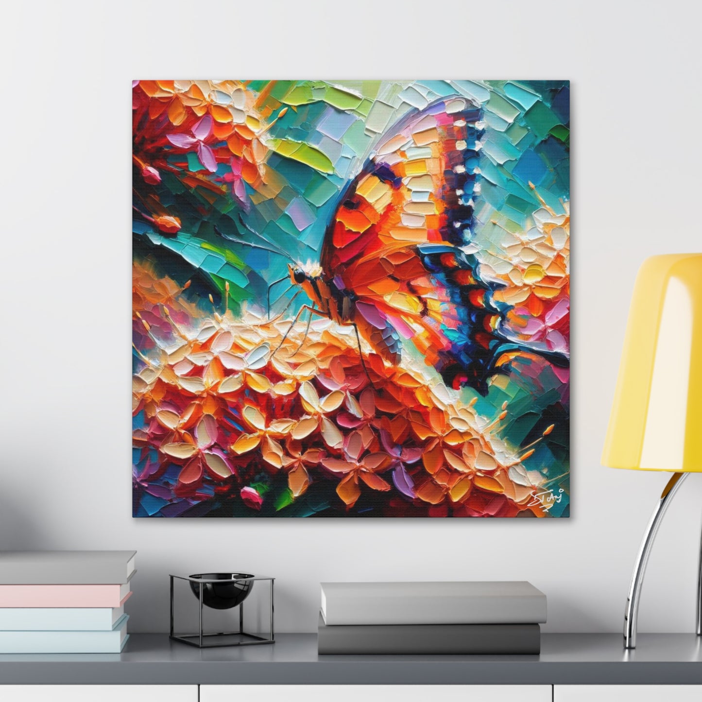 Art Print, Butterfly on Ixoras, Oil Finish, Caribbean Nature, Cultural, Heritage, Semi-Abstract, Canvas Gallery Wrap