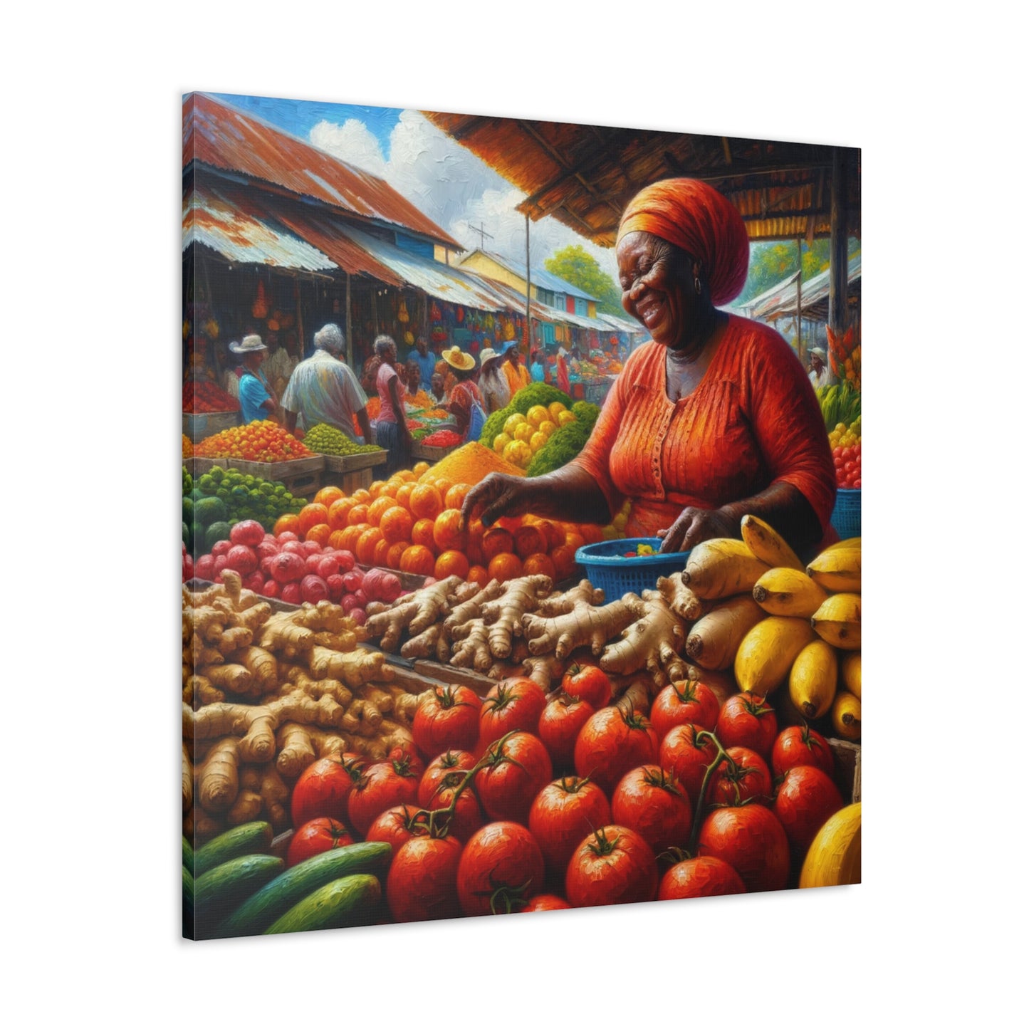 Art Print#6, "Selling at the Market", Market Scene in Trinidad, Caribbean, Oil Finish, West Indian Art, Canvas Gallery Wraps