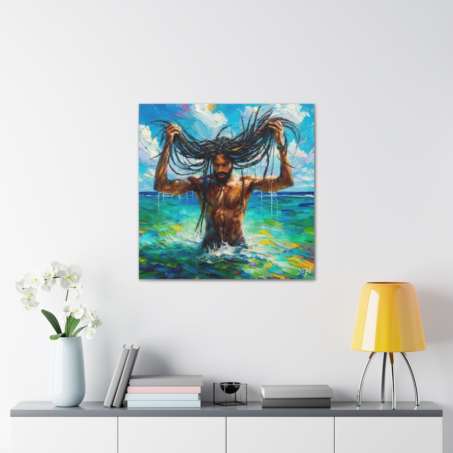 Art Print, Afro-Caribbean Man "Chilling in the Ocean" Oil Finish, West Indian Ethnicity, Cultural, Heritage, Semi-Abstract, Canvas Gallery Wrap