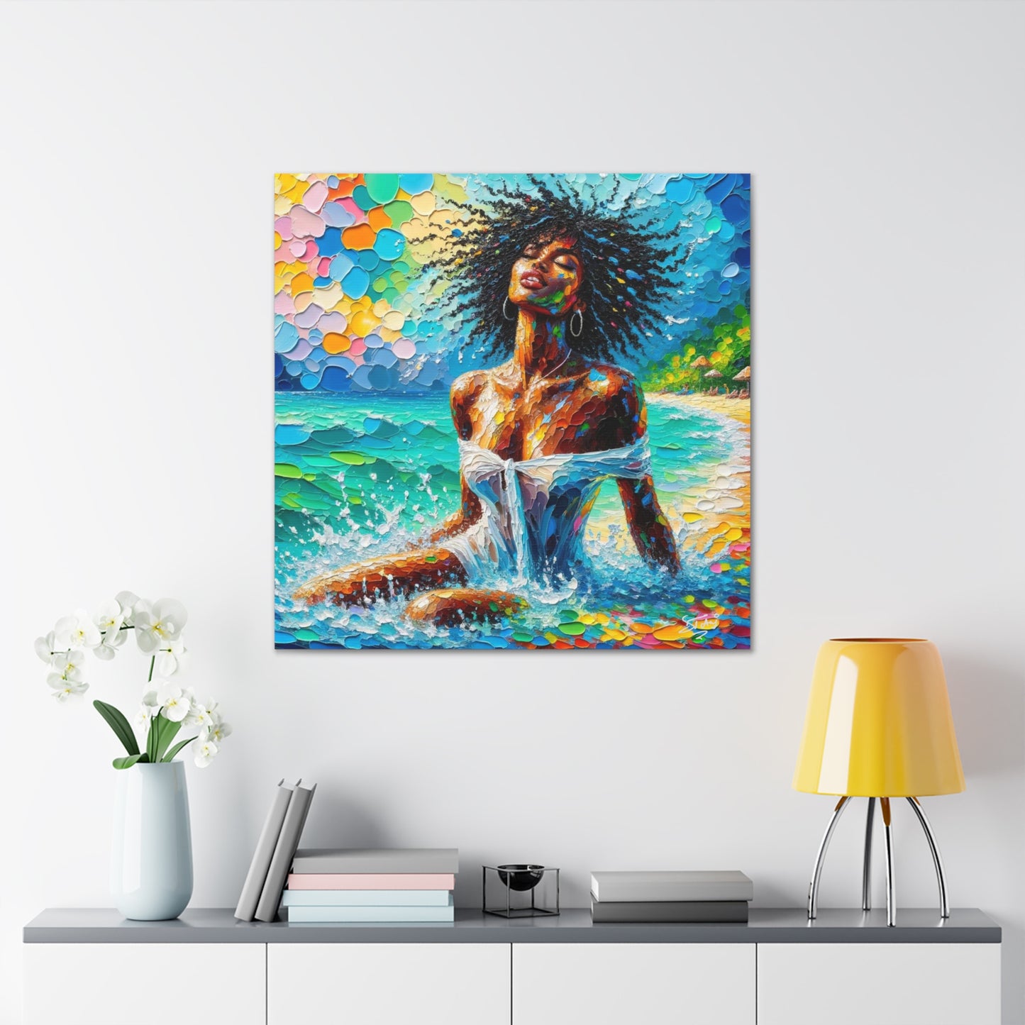 Art Print, Afro-Caribbean Woman, "Sea Bath" Abstract, Oil Finish, West Indian Ethnicity, Cultural, Heritage, Abstract, Canvas Gallery Wrap