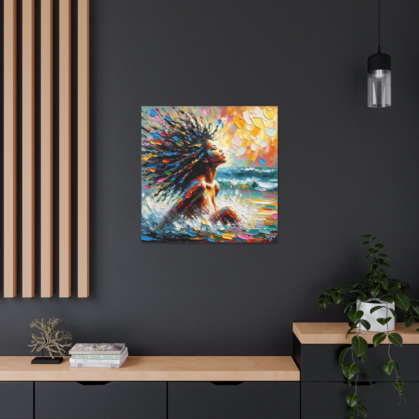 Art Print, Afro-Caribbean Woman, "Enjoying the Sunset" Abstract, Oil Finish, West Indian Ethnicity, Cultural, Heritage, Abstract, Canvas Gallery Wrap