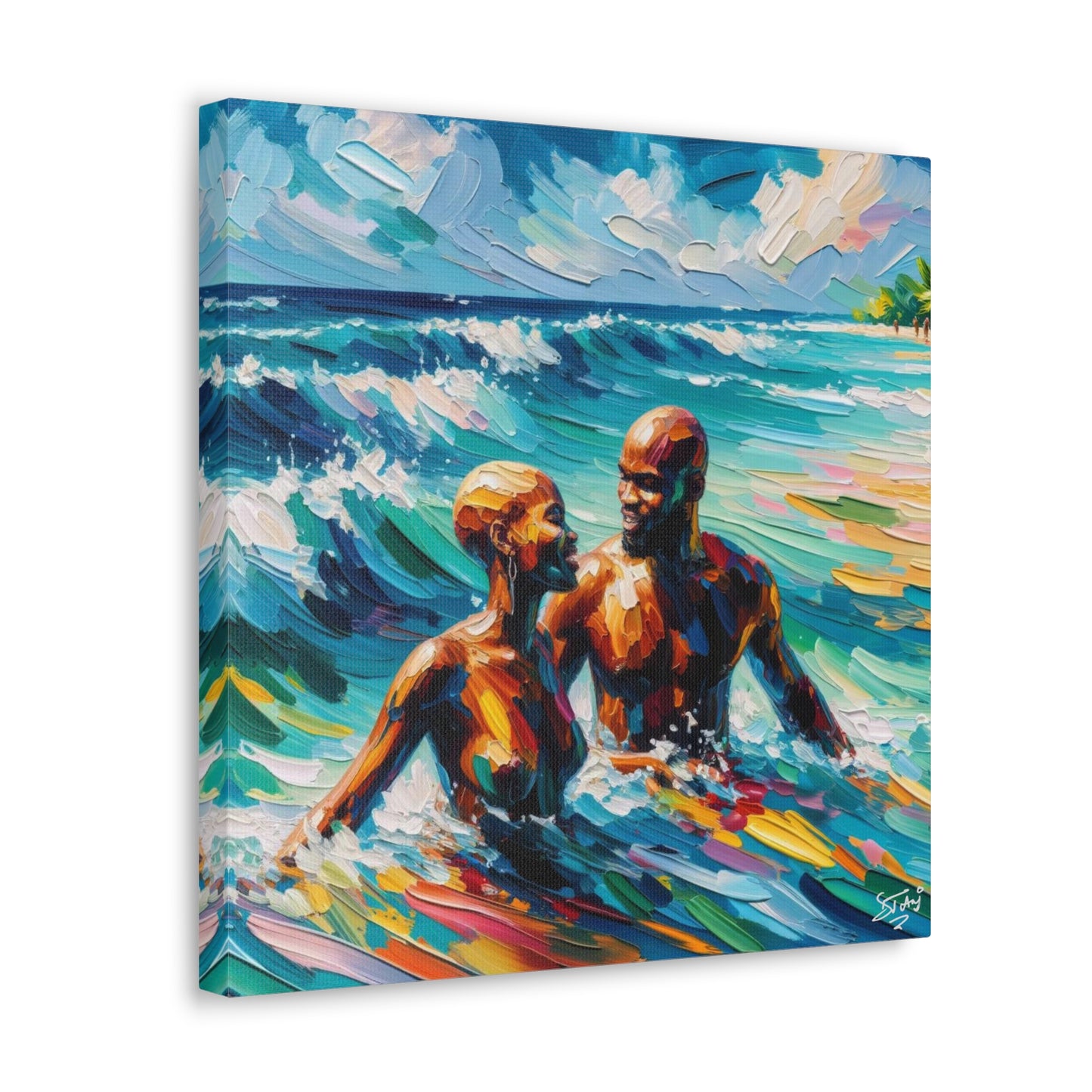 Art Print, Afro-Caribbean Couple "Skinny Dipping," Oil Finish, West Indian Ethnicity, Cultural, Heritage, Semi-Abstract, Canvas Gallery Wrap