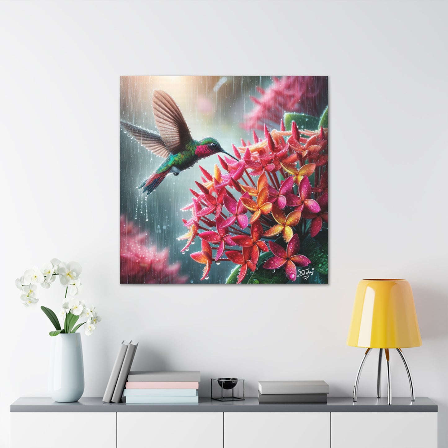 Print of Hummingbird in the Rain Hovering over Ixora Flower, Oil Paint Finish, Caribbean, Tropical, Canvas Gallery Wraps