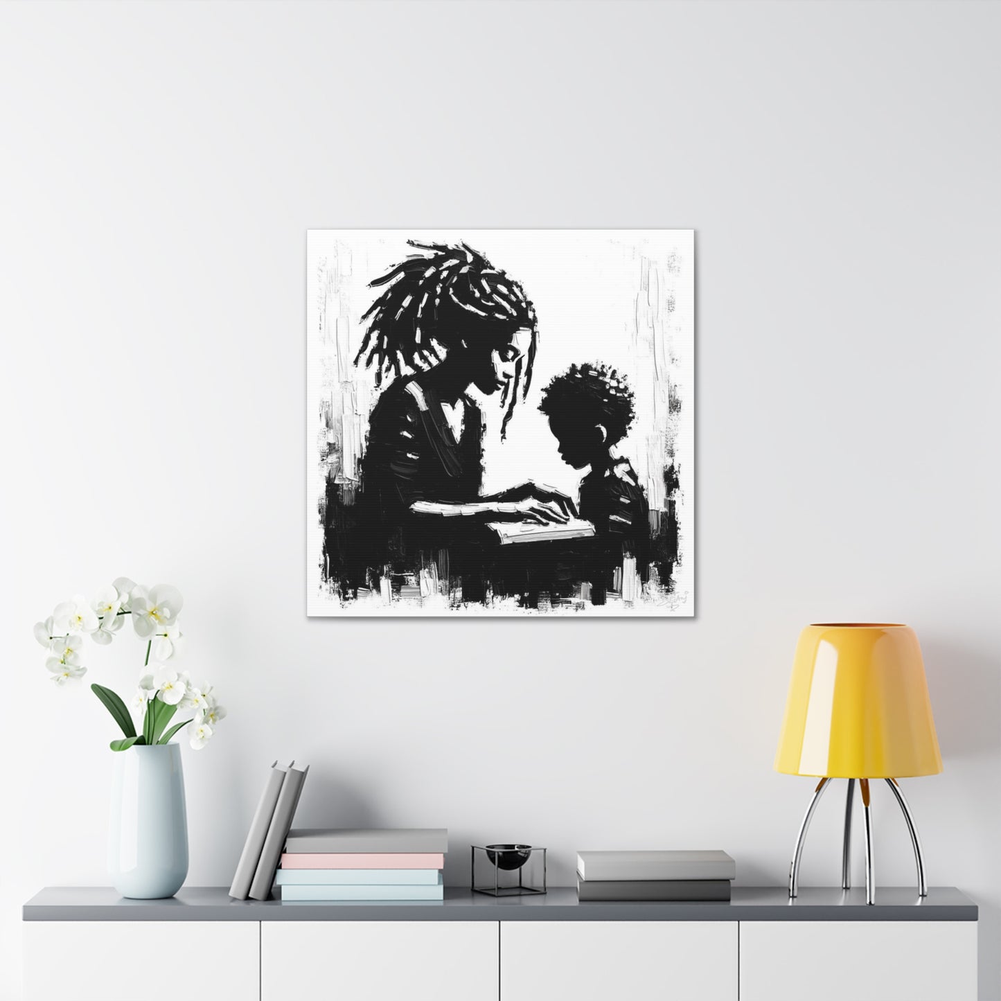 Art Print, Afro-Caribbean Mother & Son, Oil Finish, West Indian Ethnicity, Cultural, Heritage, Semi-Abstract, Canvas Gallery Wrap