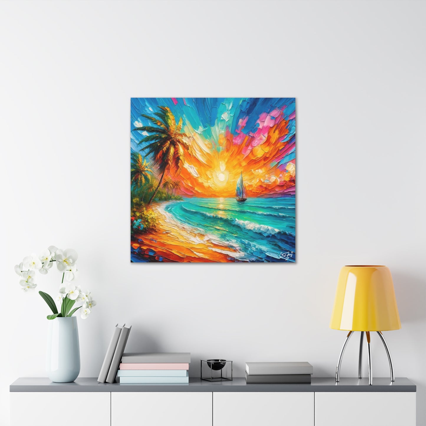 Art Print of Caribbean Sunset Scene, West Indian Art, Canvas Gallery Wraps