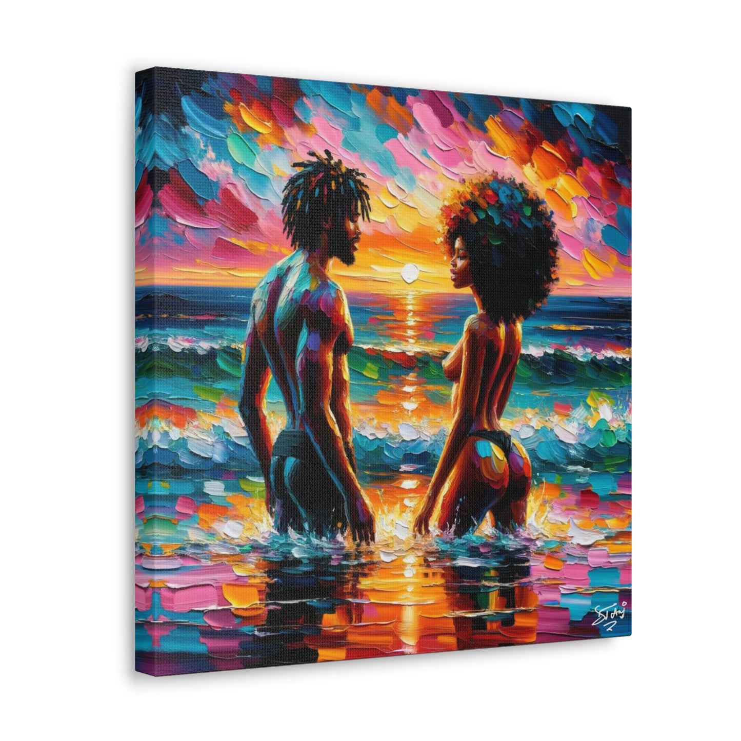 Art Print, Afro-Caribbean Couple in the Ocean, Oil Finish, West Indian Ethnicity, Cultural, Heritage, Semi-Abstract, Canvas Gallery Wrap