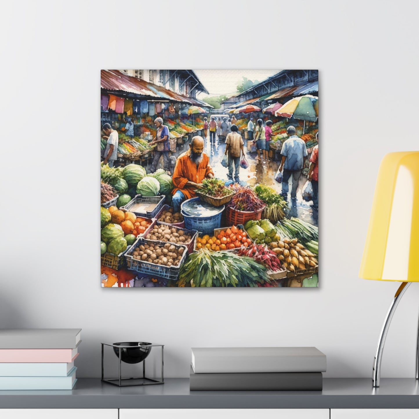 Art Print, "Selling at the Market", Market Scene in Trinidad, Caribbean, Watercolor Finish, West Indian Art, Canvas Gallery Wraps