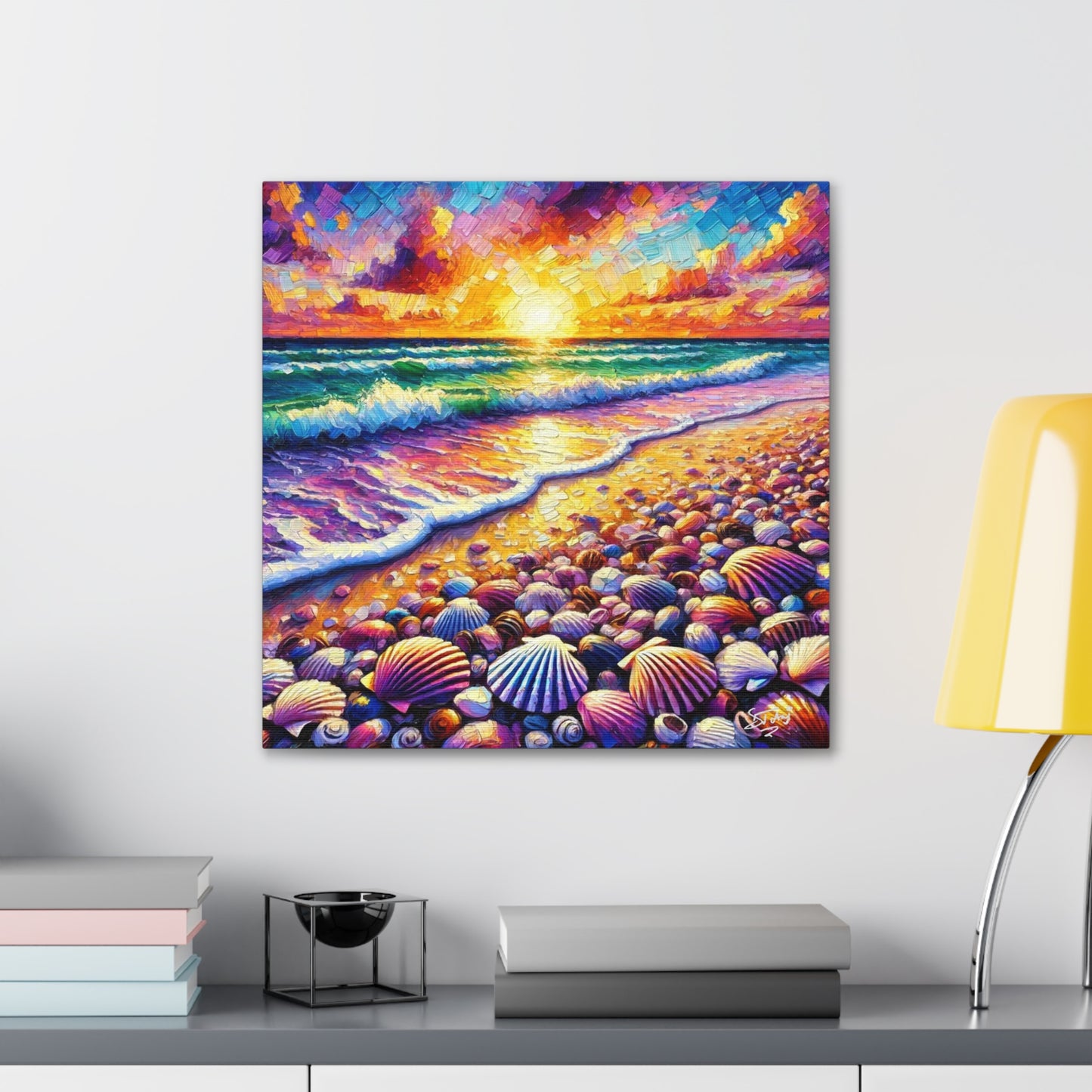 Art Print, Seashell, Caribbean Sunset Beach Scene, Abstract, Oil Painting, West Indian Art, Canvas Gallery Wraps