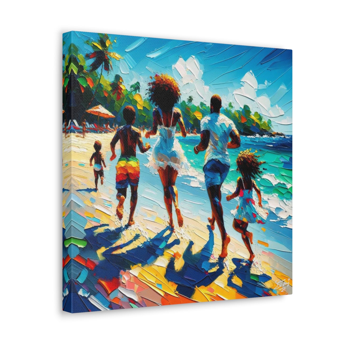 Art Print, Afro-Caribbean Family "Running on the Beach," Oil Finish, West Indian Ethnicity, Cultural, Heritage, Semi-Abstract, Canvas Gallery Wrap