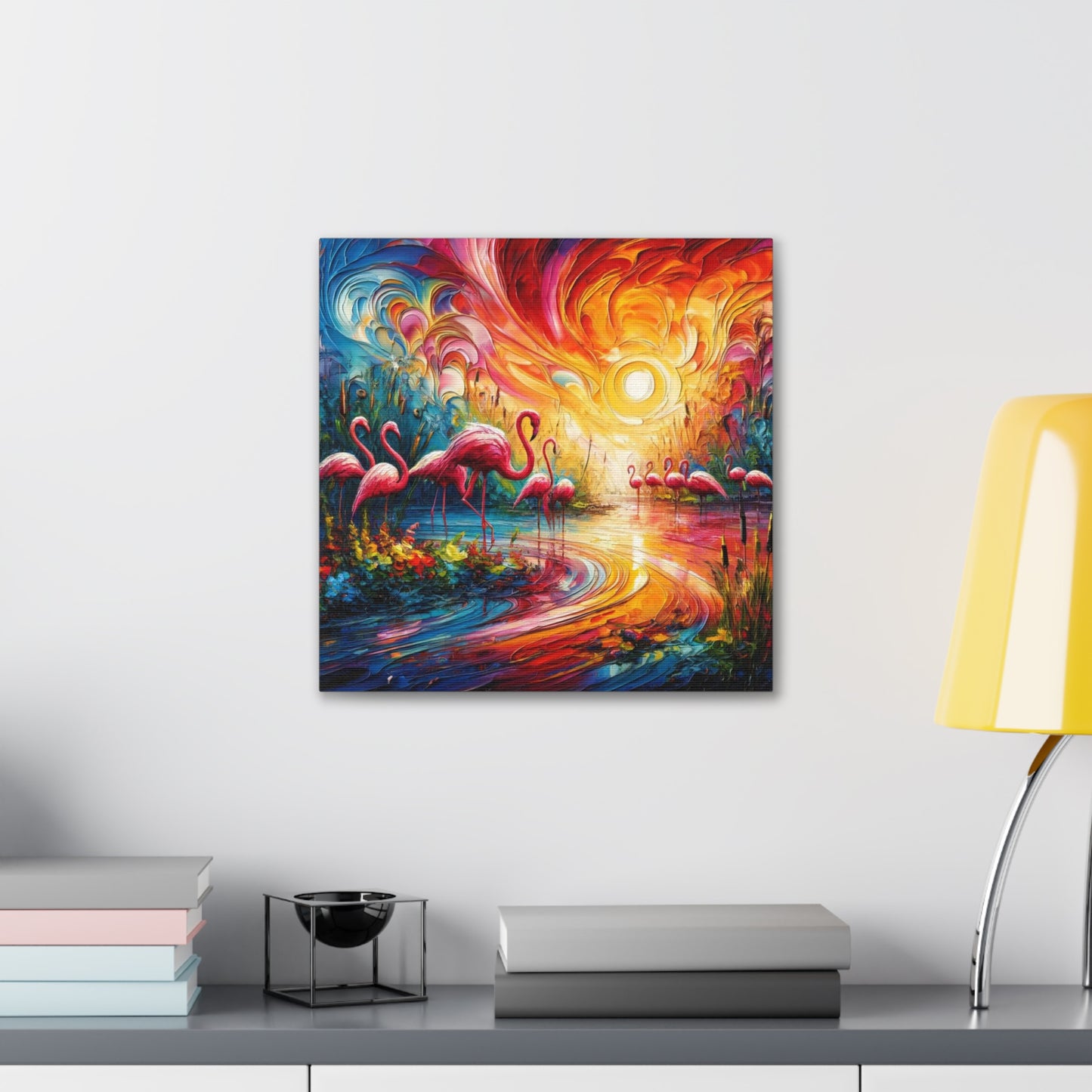 Art Print, Flamingos, Abstract Oil Finish, Trinidad & Tobago, Caribbean, West Indian Art, Canvas Gallery Wraps