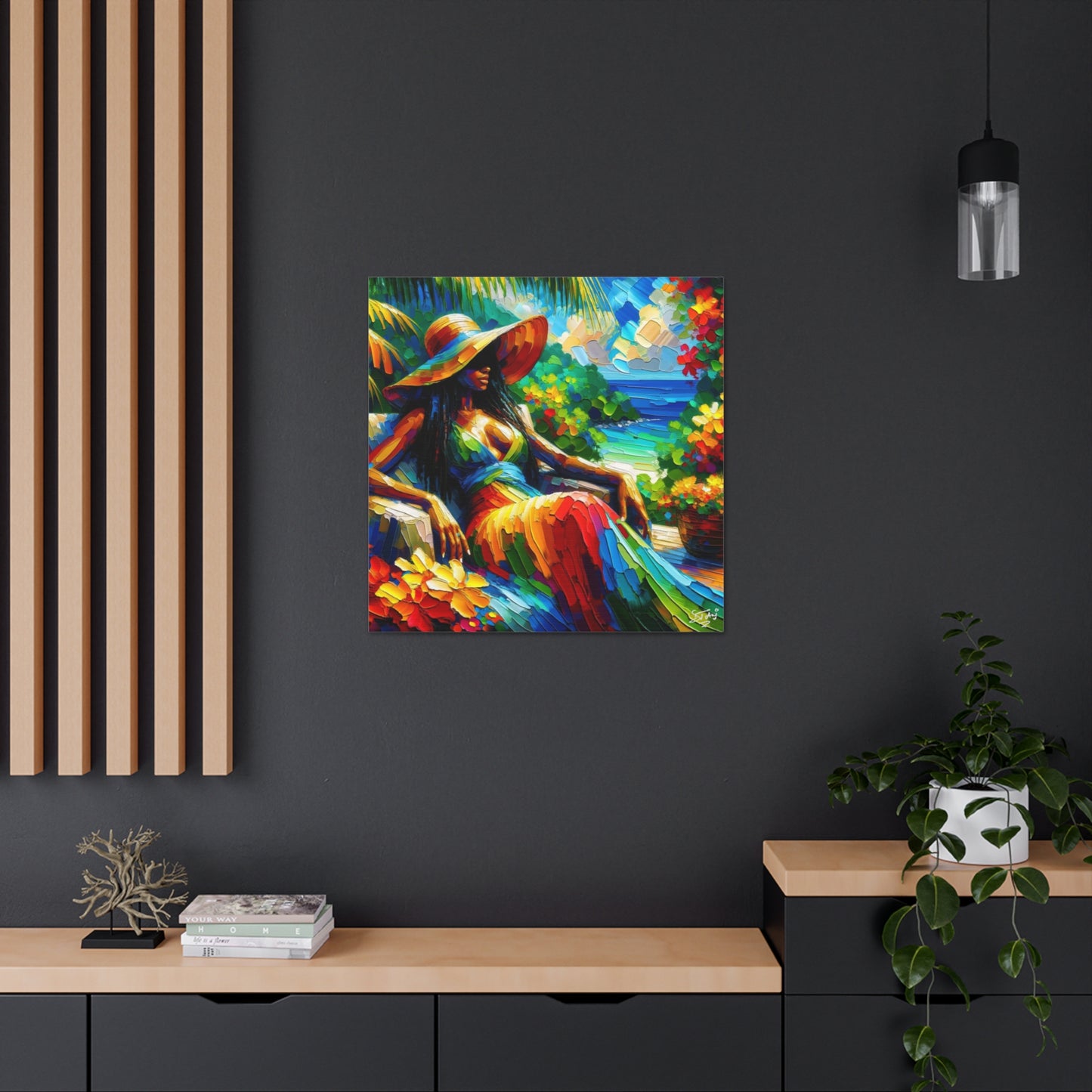 Art Print, Afro-Caribbean Woman, "Relaxing" Oil Finish, West Indian Ethnicity, Cultural, Heritage, Abstract, Canvas Gallery Wrap