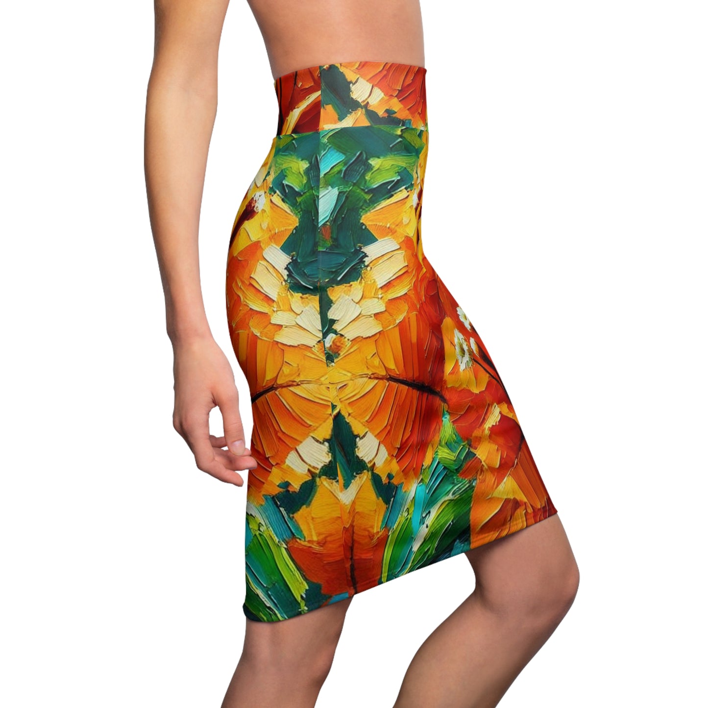 Women's Pencil Skirt (AOP) Orange Bougainvillea Print