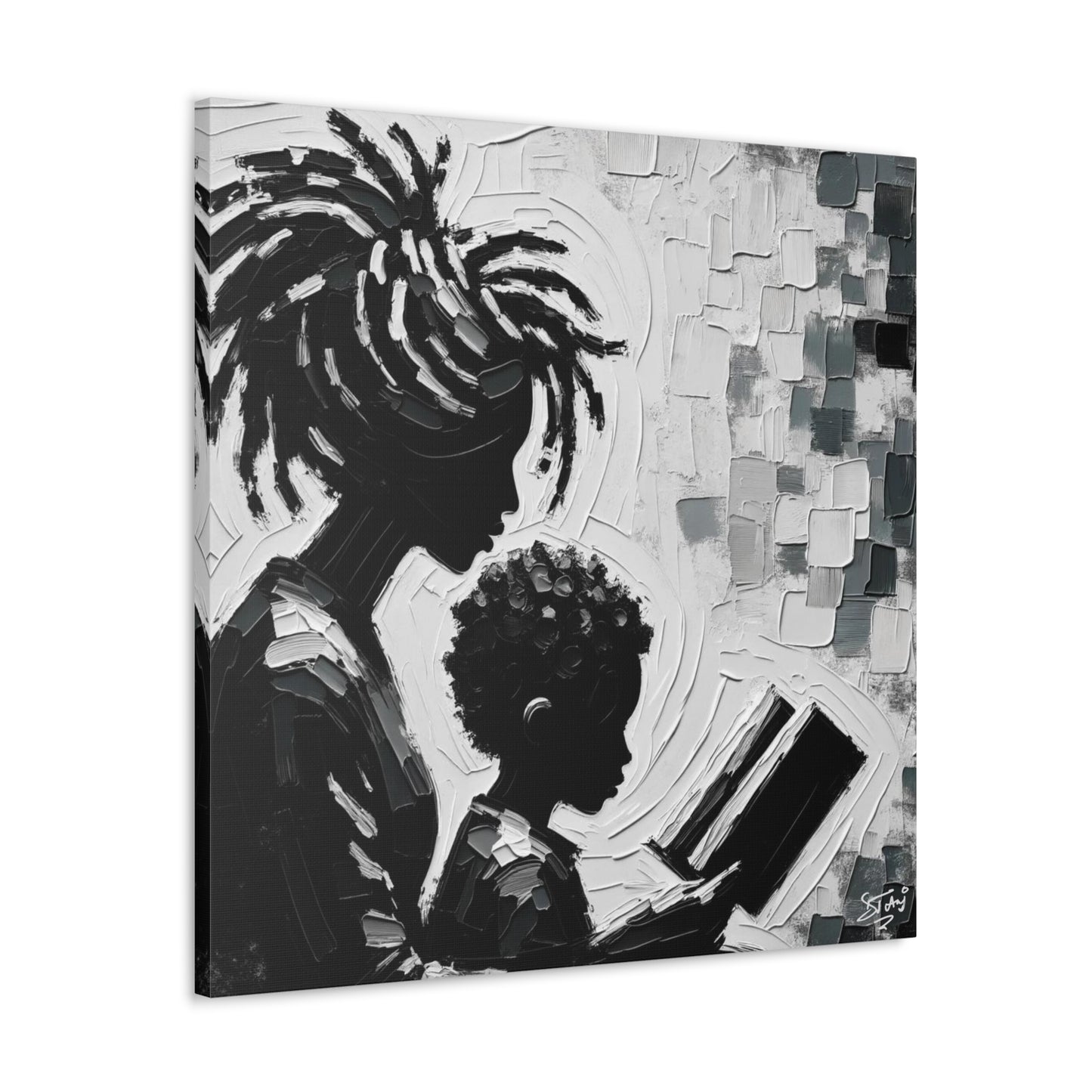 Art Print, Afro-Caribbean Mother & Son (2), Oil Finish, West Indian Ethnicity, Cultural, Heritage, Semi-Abstract, Canvas Gallery Wrap