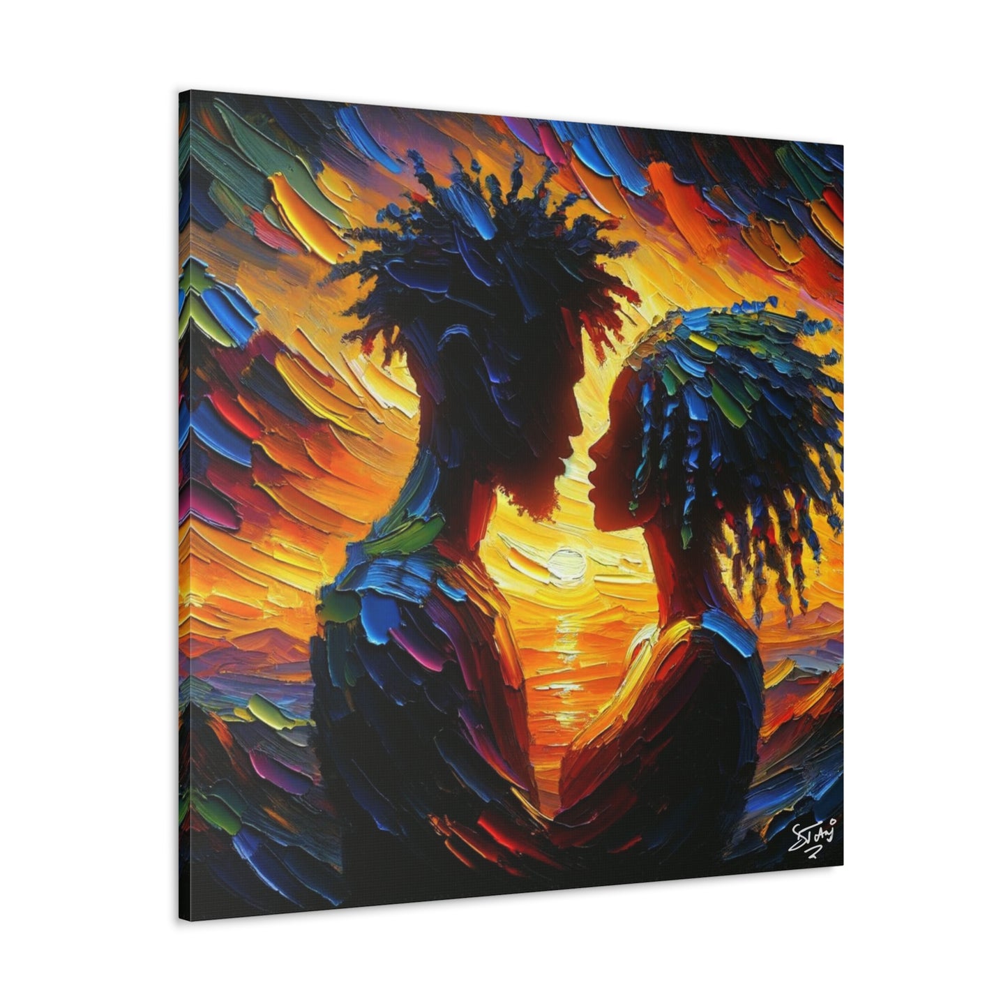 Art Print, Afro-Caribbean Couple in Love, Oil Finish, West Indian Ethnicity, Cultural, Heritage, Semi-Abstract, Canvas Gallery Wrap