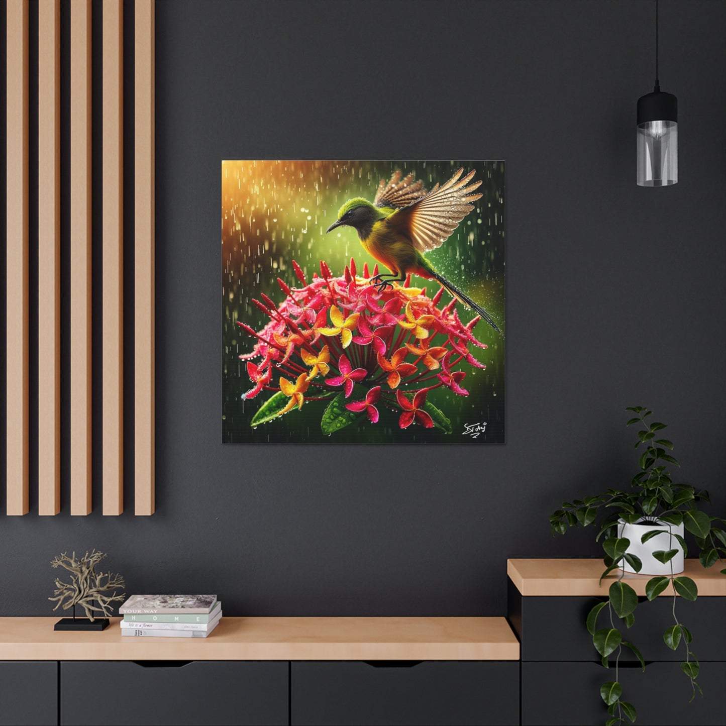 Print#2 of Tropical Bird in the Rain Perched on Ixora Flower, Oil Paint Finish, Caribbean, Tropical, Canvas Gallery Wraps