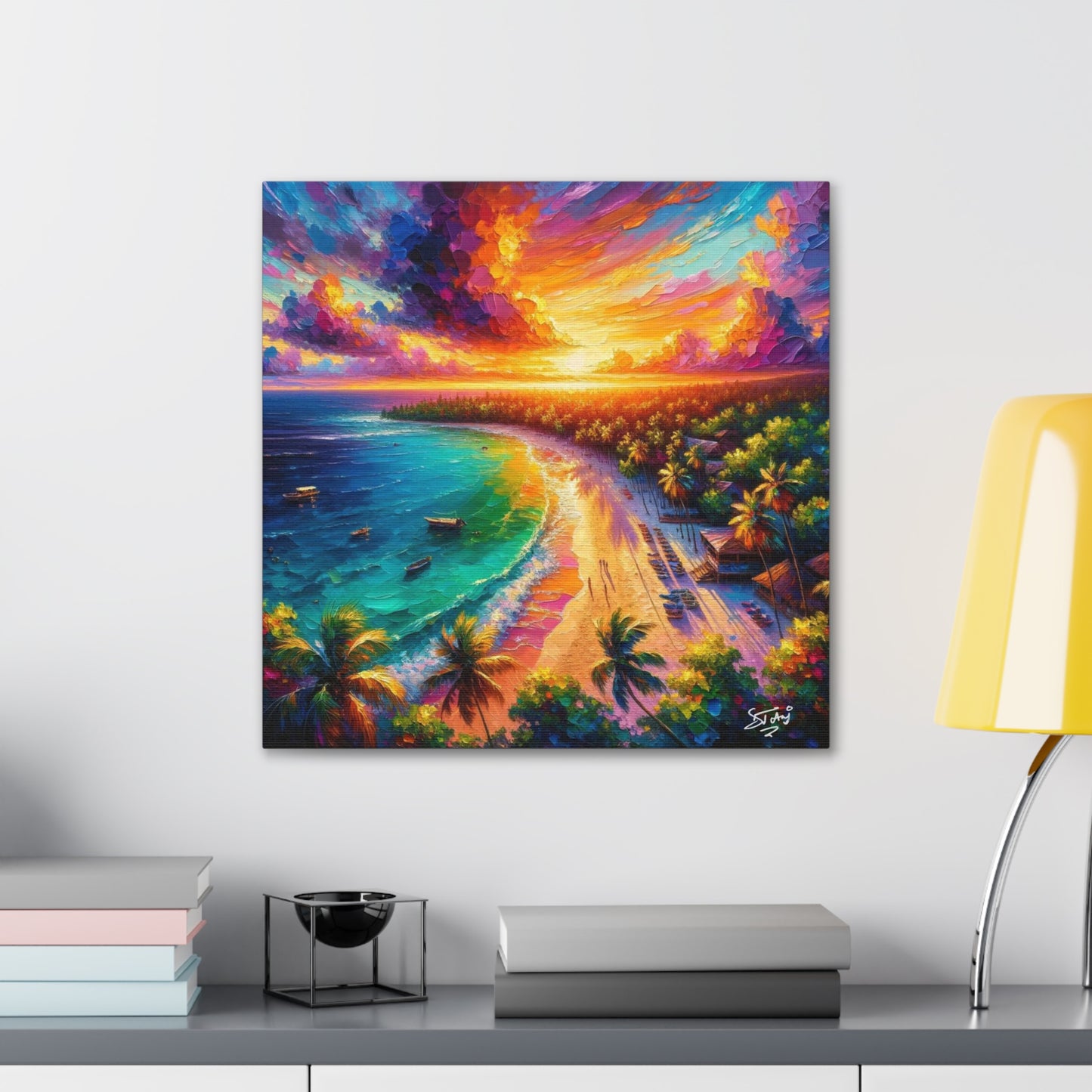 Art Print of Caribbean Beach Sunset Scene, Oil Painting, West Indian Art, Canvas Gallery Wraps